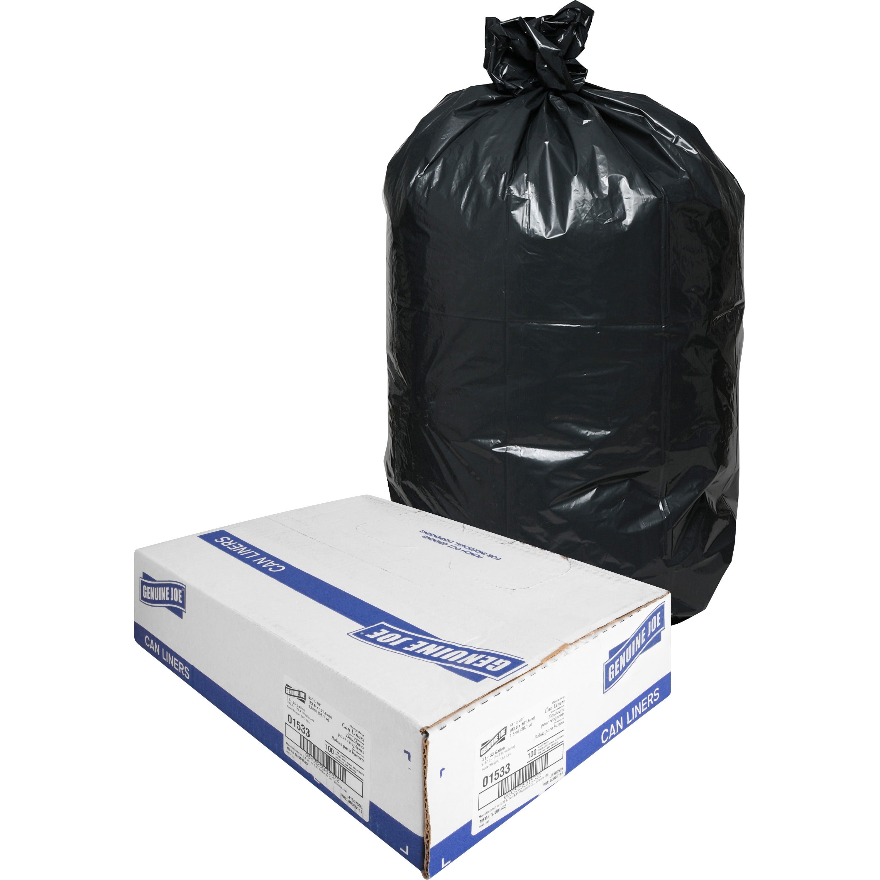 Genuine Joe Heavy-Duty Trash Can Liners - Medium Size - 33 gal Capacity - 33" Width x 40" Length - 1.50 mil (38 Micron) Thickness - Low Density - Black - 100/Carton -