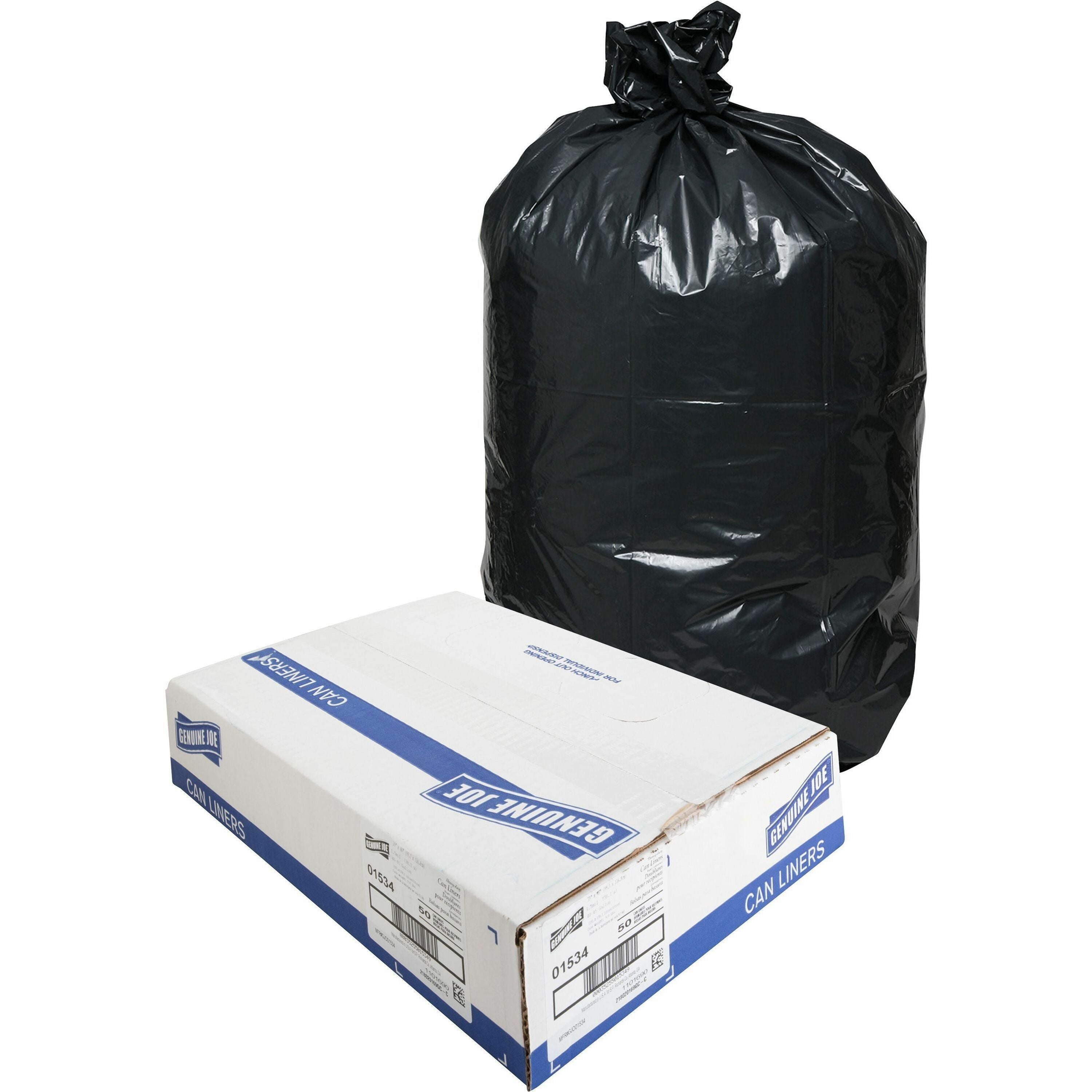 Genuine Joe Heavy-Duty Trash Can Liners - Large Size - 45 gal Capacity - 39" Width x 46" Length - 1.50 mil (38 Micron) Thickness - Low Density - Black - 50/Carton -