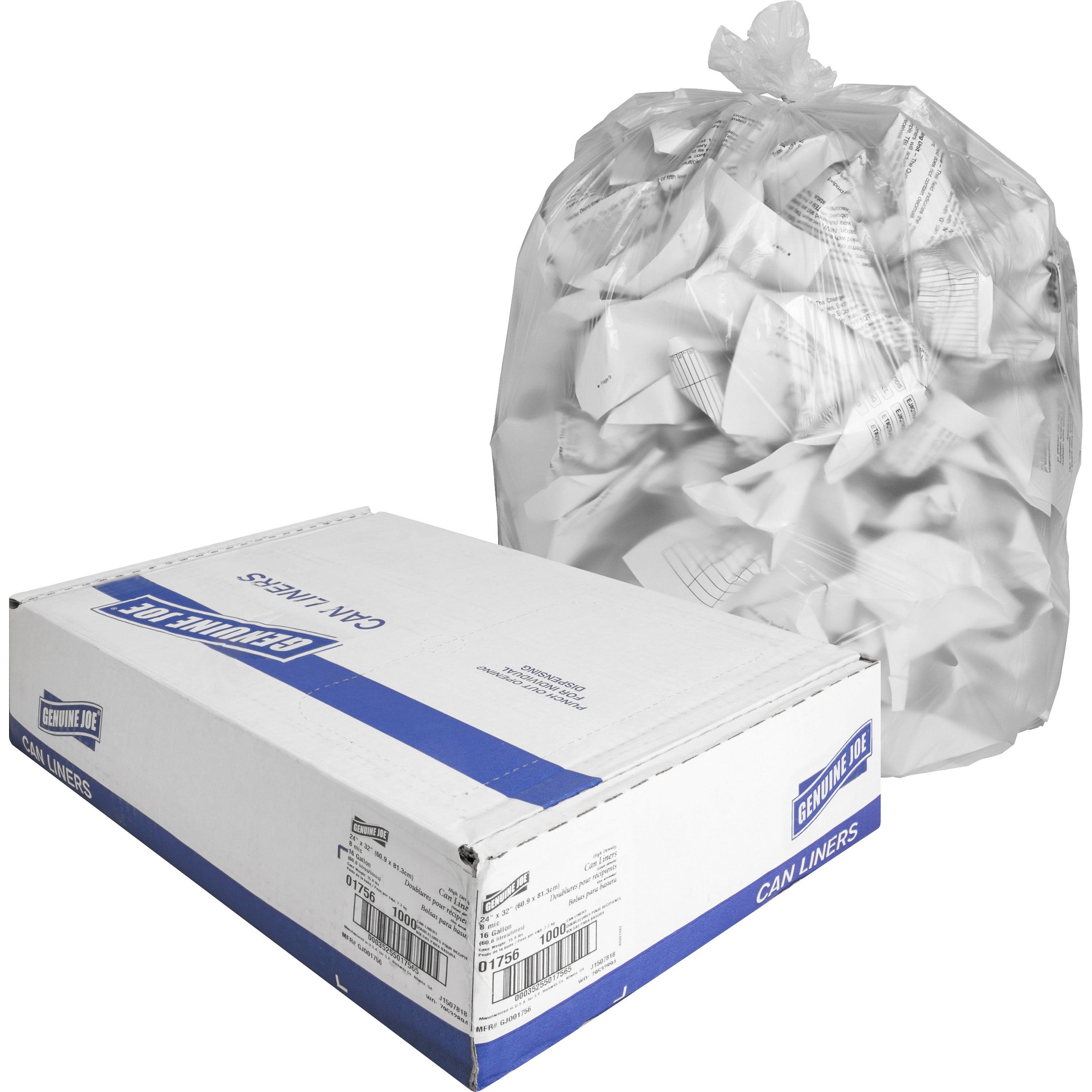 Genuine Joe High-Density Can Liners - Small Size - 16 gal Capacity - 24" Width x 32" Length - 0.31 mil (8 Micron) Thickness - High Density - Clear - Resin - 20/Carton - 50 Per Roll - Office Waste, Industrial Trash -