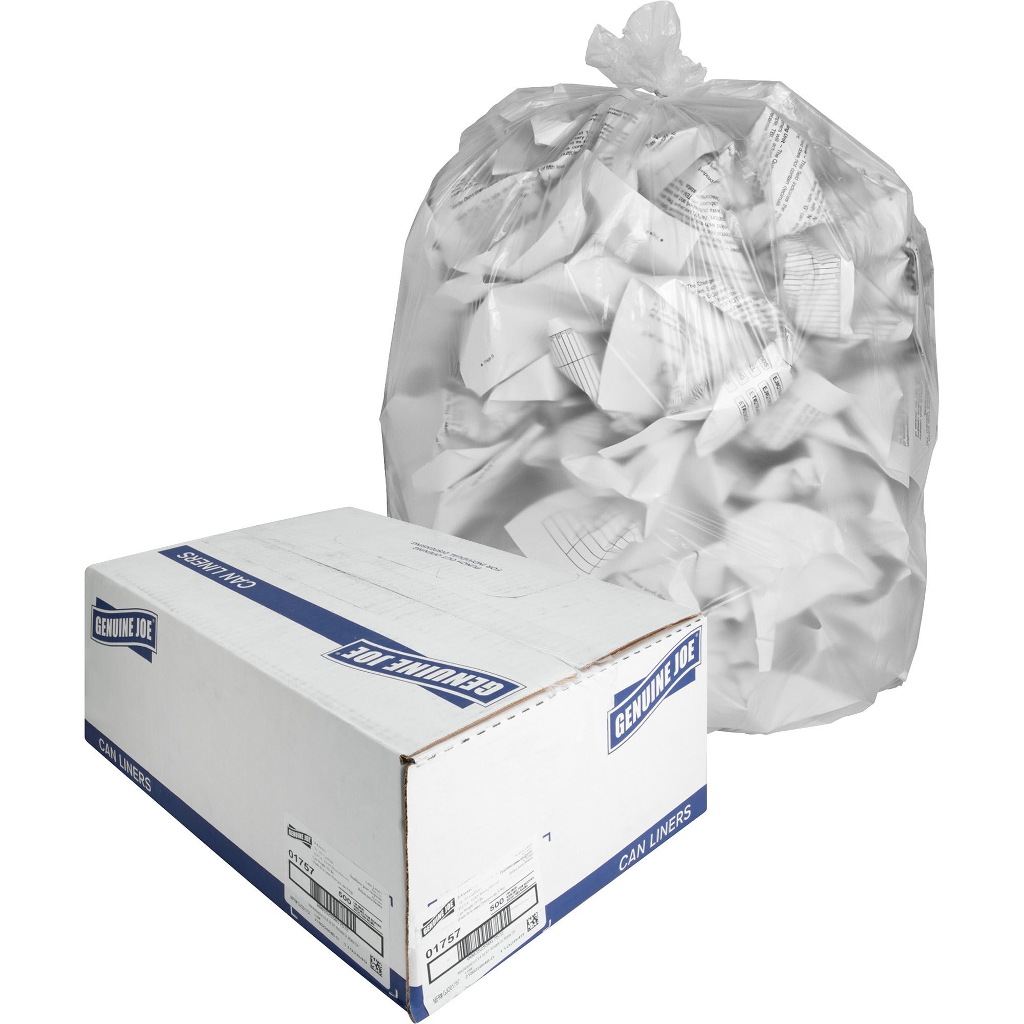 Genuine Joe High-Density Can Liners - Medium Size - 33 gal Capacity - 33" Width x 40" Length - 0.43 mil (11 Micron) Thickness - High Density - Clear - Resin - 20/Carton - 25 Per Roll - Office Waste, Industrial Trash -