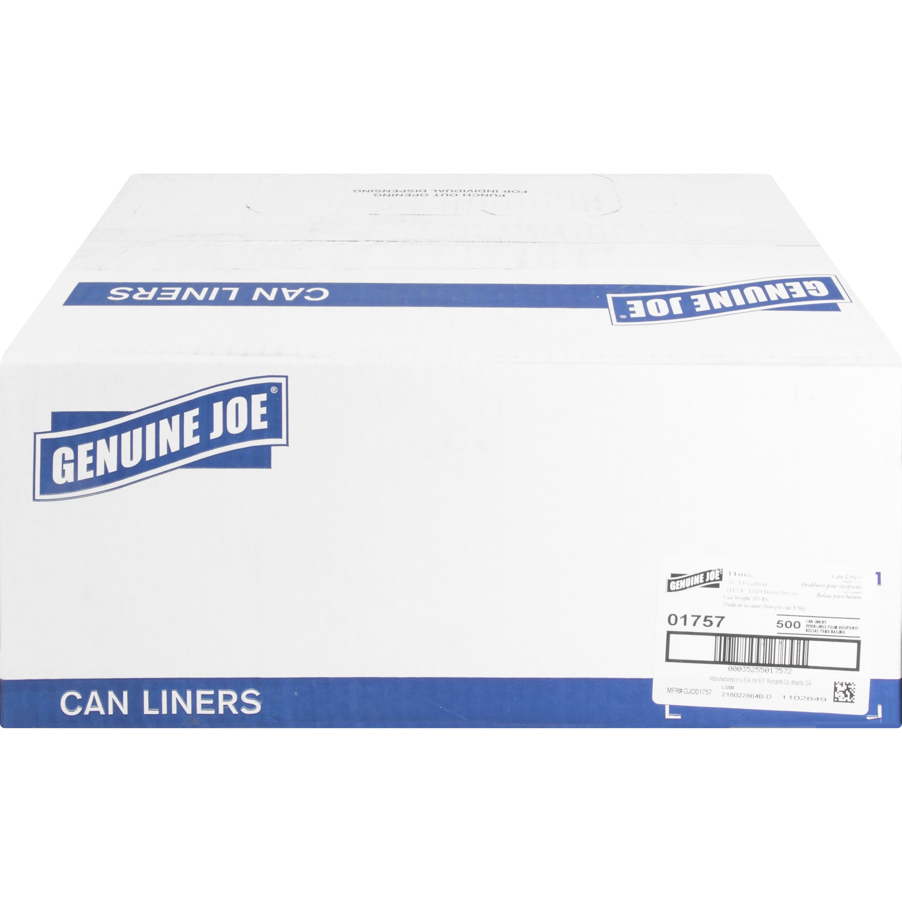 Genuine Joe High-Density Can Liners - Medium Size - 33 gal Capacity - 33" Width x 40" Length - 0.43 mil (11 Micron) Thickness - High Density - Clear - Resin - 20/Carton - 25 Per Roll - Office Waste, Industrial Trash -