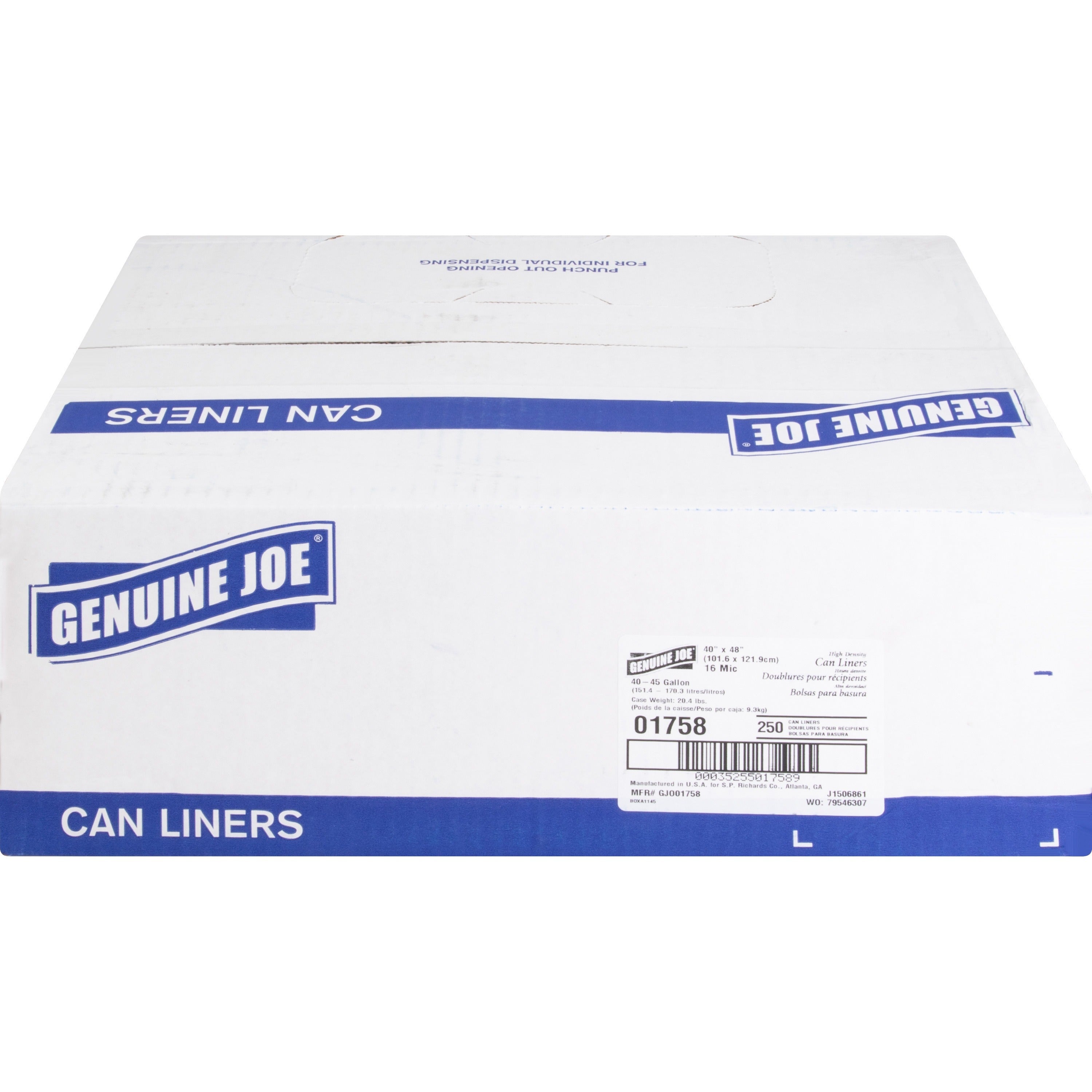 Genuine Joe High-density Can Liners - Large Size - 45 gal Capacity - 40" Width x 48" Length - 0.63 mil (16 Micron) Thickness - High Density - Clear - Resin - 10/Carton - 25 Per Roll - Office Waste, Industrial Trash -