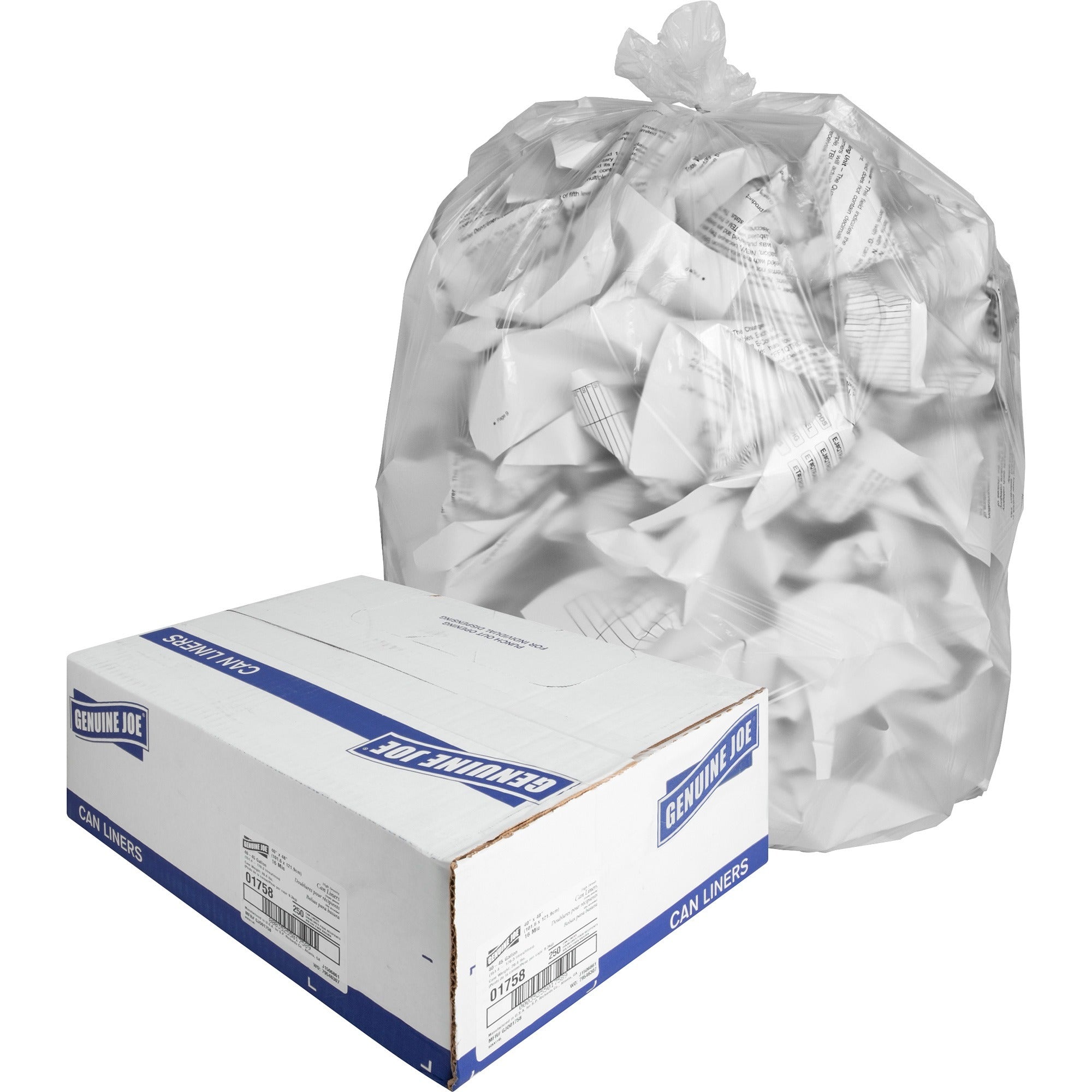 Genuine Joe High-density Can Liners - Large Size - 45 gal Capacity - 40" Width x 48" Length - 0.63 mil (16 Micron) Thickness - High Density - Clear - Resin - 10/Carton - 25 Per Roll - Office Waste, Industrial Trash -
