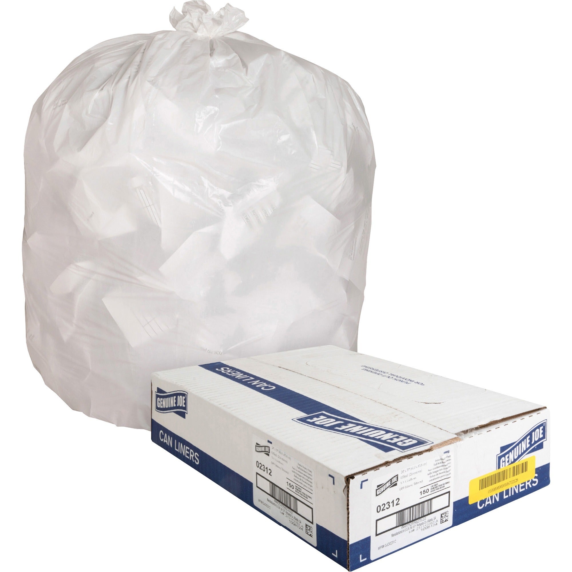 Genuine Joe Heavy-Duty Tall Kitchen Trash Bags - Small Size - 13 gal Capacity - 24" Width x 31" Length - 0.85 mil (22 Micron) Thickness - Low Density - White - 150/Carton - Kitchen - Recycled -
