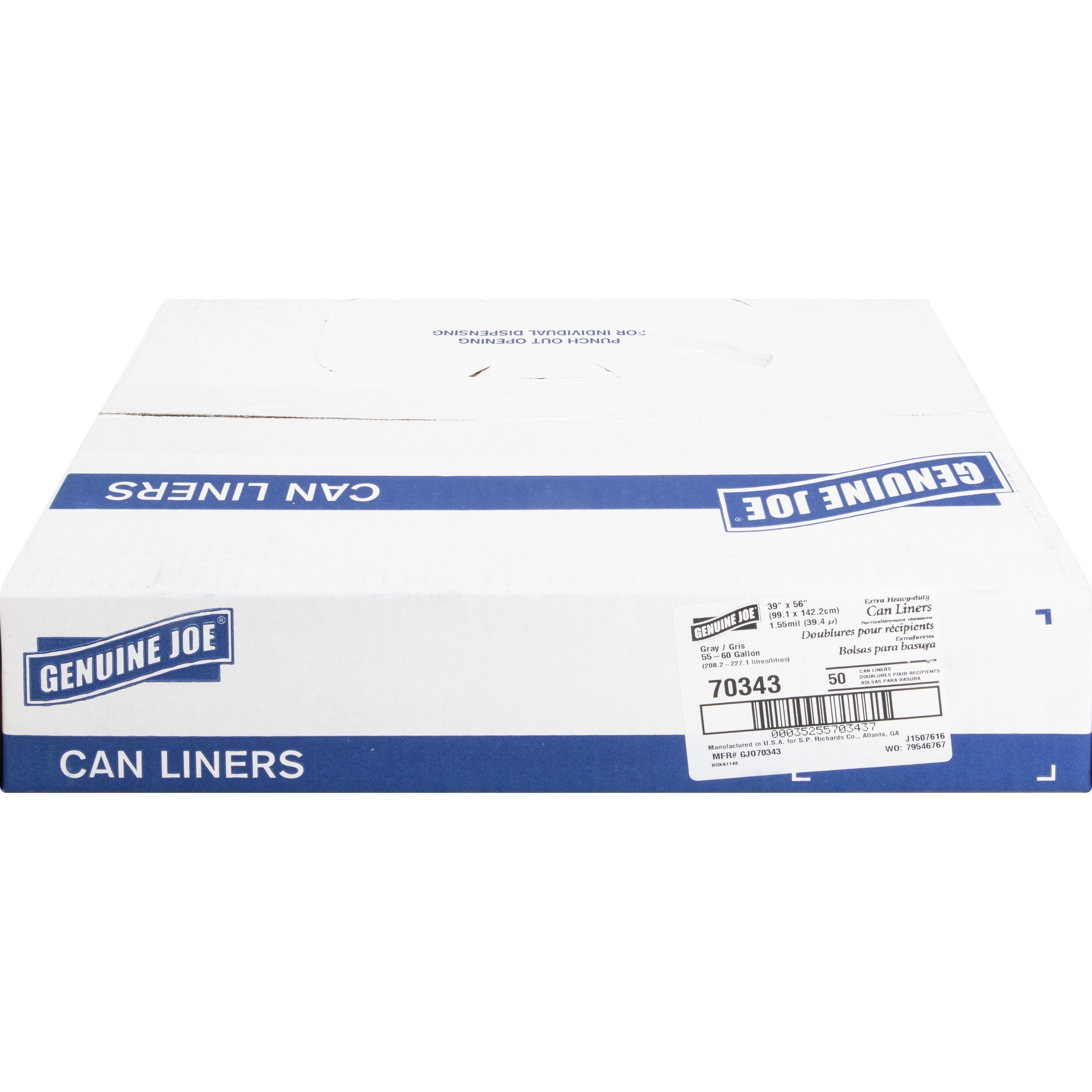 Genuine Joe Maximum Strength Trash Can Liner - Extra Large Size - 60 gal Capacity - 39" Width x 56" Length - 1.55 mil (39 Micron) Thickness - Low Density - Silver - Plastic Resin - 50/Carton - Food Waste, Office Waste, Can, Debris - Recycled -