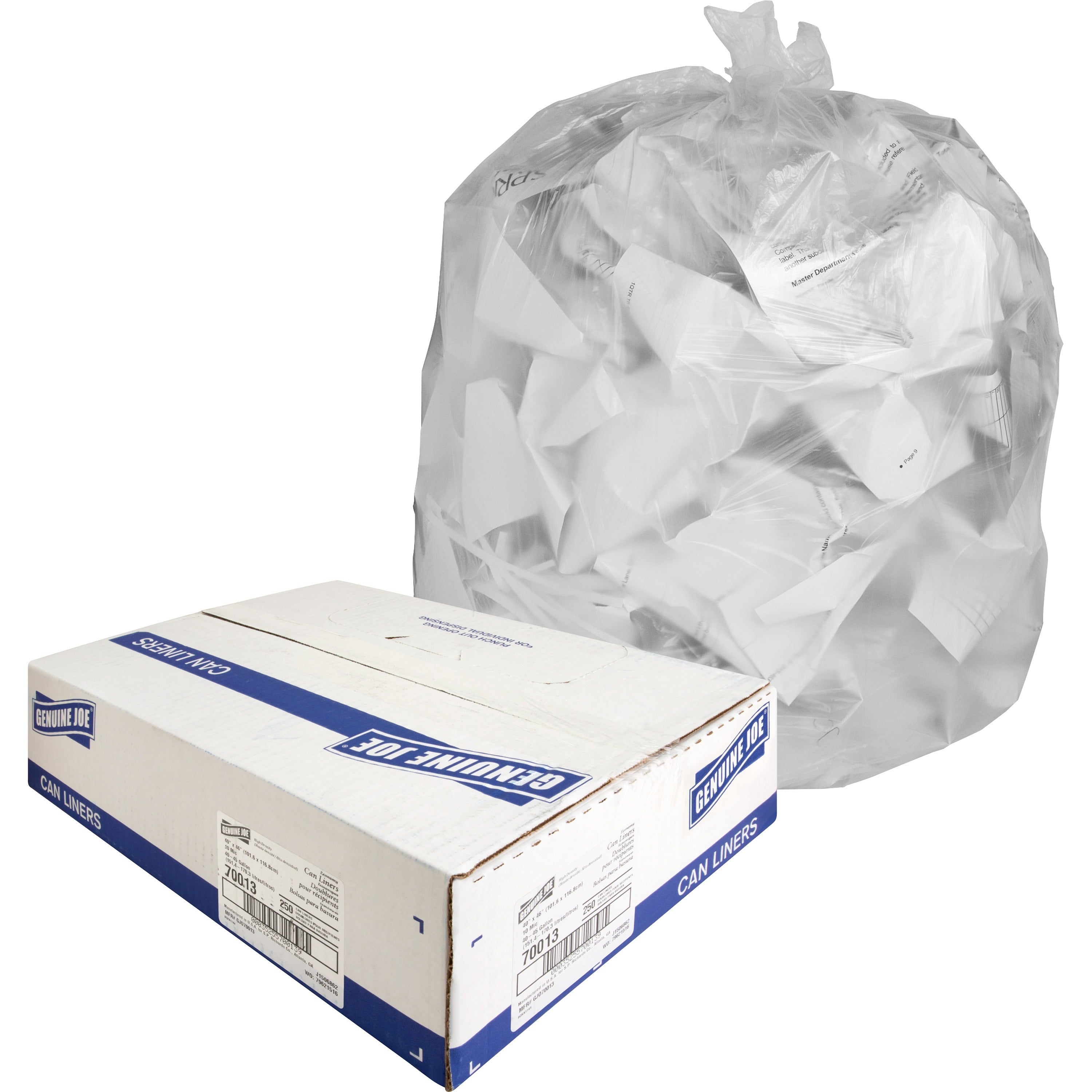 Genuine Joe Economy High-Density Can Liners - Large Size - 45 gal Capacity - 40" Width x 46" Length - 0.39 mil (10 Micron) Thickness - High Density - Translucent - Resin - 250/Carton -