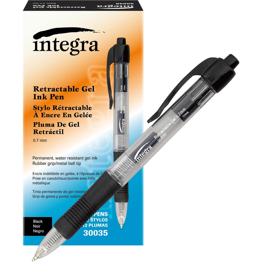 Integra Retractable 0.7mm Gel Pens - Medium Pen Point - 0.7 mm Pen Point Size - Retractable - Black Gel-based Ink - Clear Barrel - Metal Tip - 1 Dozen -