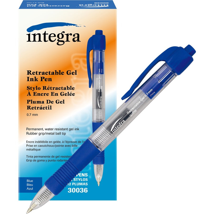Integra Retractable 0.7mm Gel Pens - Medium Pen Point - 0.7 mm Pen Point Size - Retractable - Blue Gel-based Ink - Clear Barrel - Metal Tip - 1 Dozen -