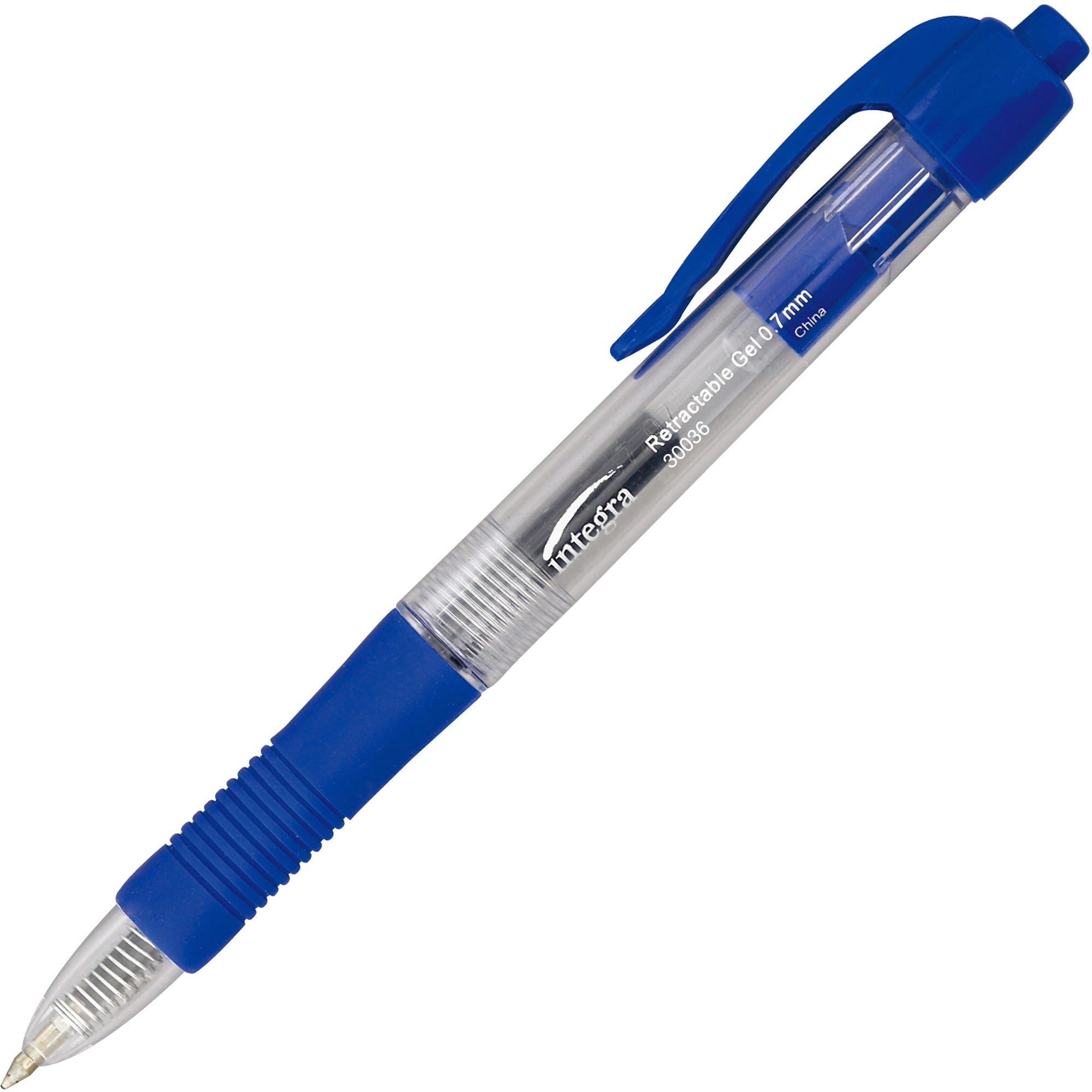Integra Retractable 0.7mm Gel Pens - Medium Pen Point - 0.7 mm Pen Point Size - Retractable - Blue Gel-based Ink - Clear Barrel - Metal Tip - 1 Dozen -