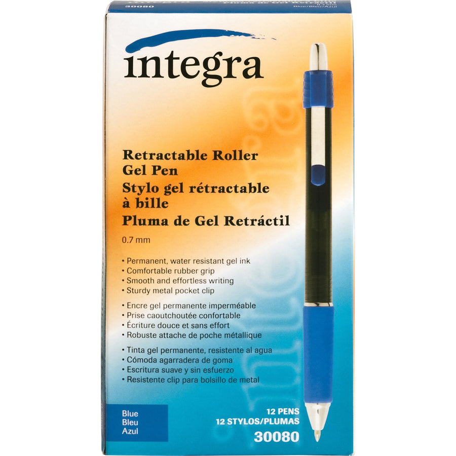Integra Retractable Roller Gel Pen with Metal Clip - 0.7 mm Pen Point Size - Retractable - Blue Gel-based Ink - Blue Barrel - 1 Dozen -
