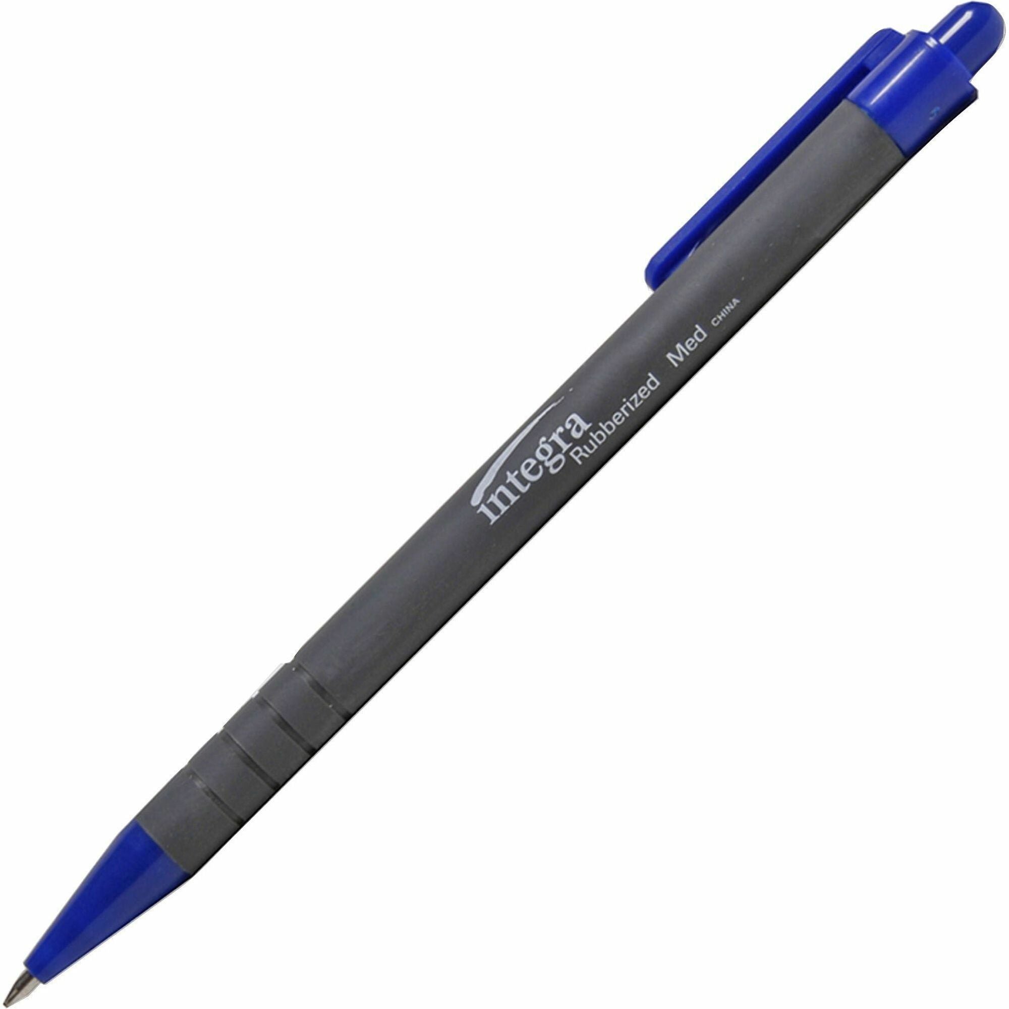 Integra Rubber Barrel Retractable Ballpoint Pens - Medium Pen Point - 1 mm Pen Point Size - Retractable - Blue - Rubber Barrel - 1 Dozen -