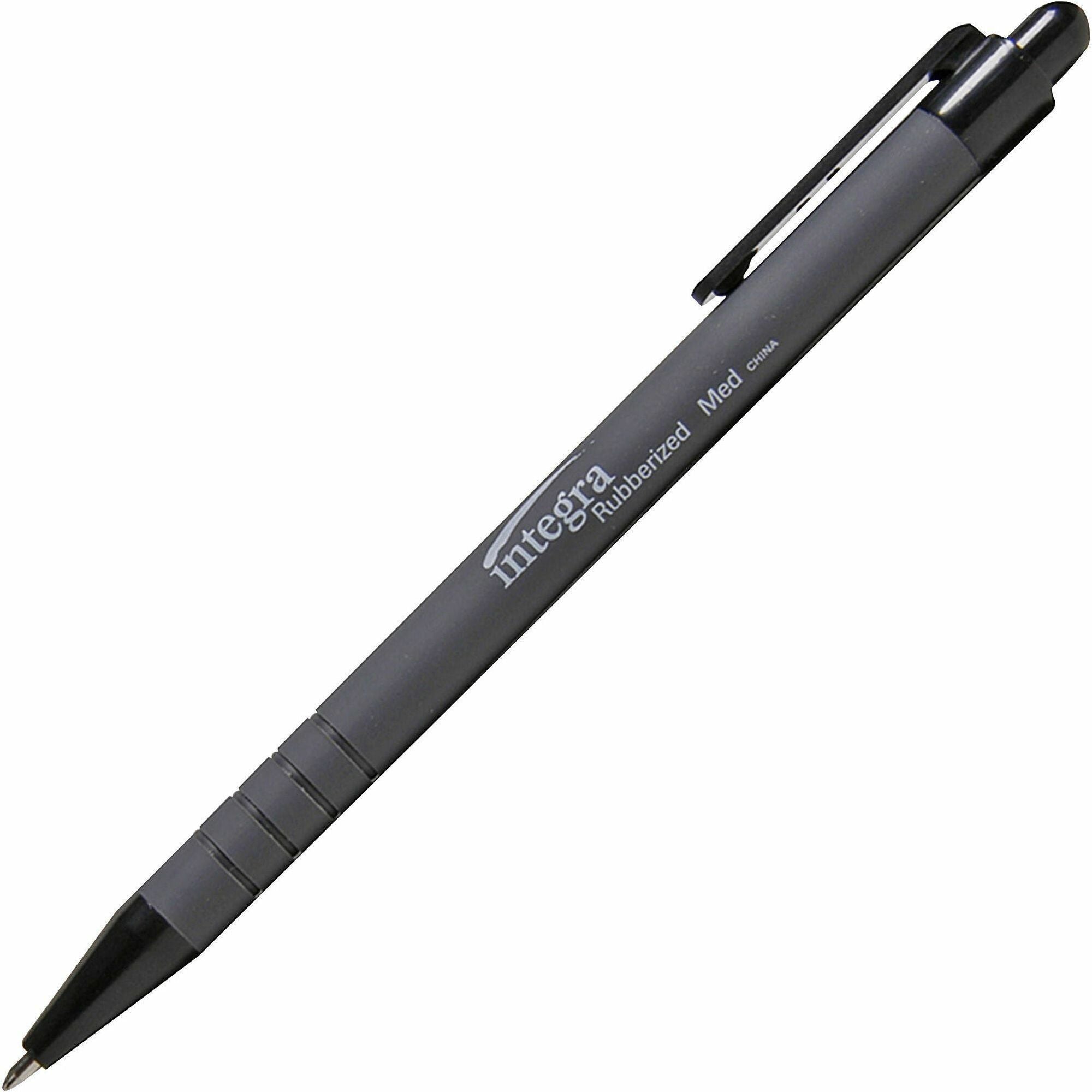 Integra Rubber Barrel Retractable Ballpoint Pens - Medium Pen Point - 1 mm Pen Point Size - Retractable - Black - Rubber Barrel - 1 Dozen -