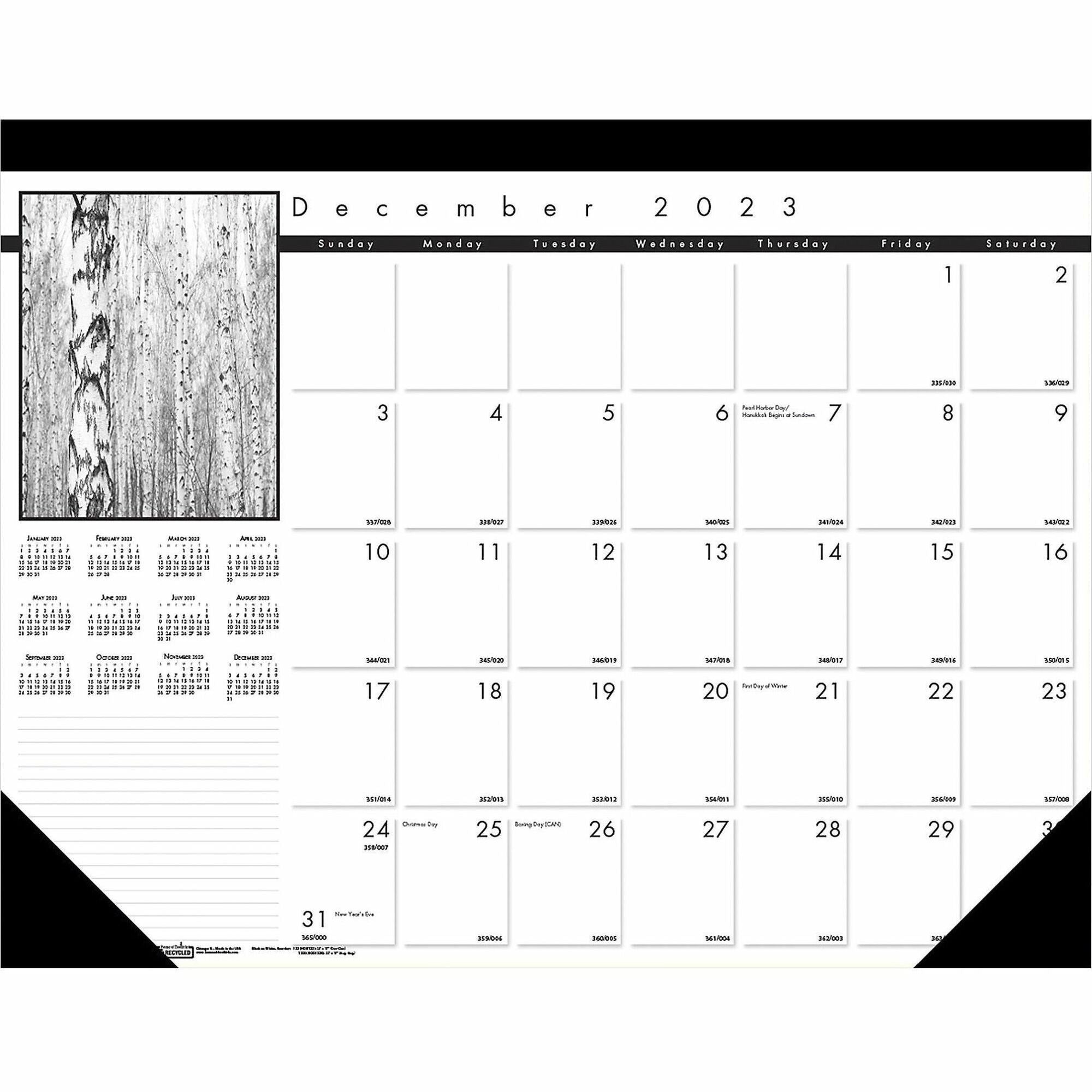 House of Doolittle Black on White Calendar Desk Pad - Julian Dates - Monthly - 13 Month - December 2023 - December 2024 - 1 Month Single Page Layout - 22" x 17" Sheet Size - 2.75" x 2.25" Block - Desk Pad - Black, White - Perforated Corner, Reference -