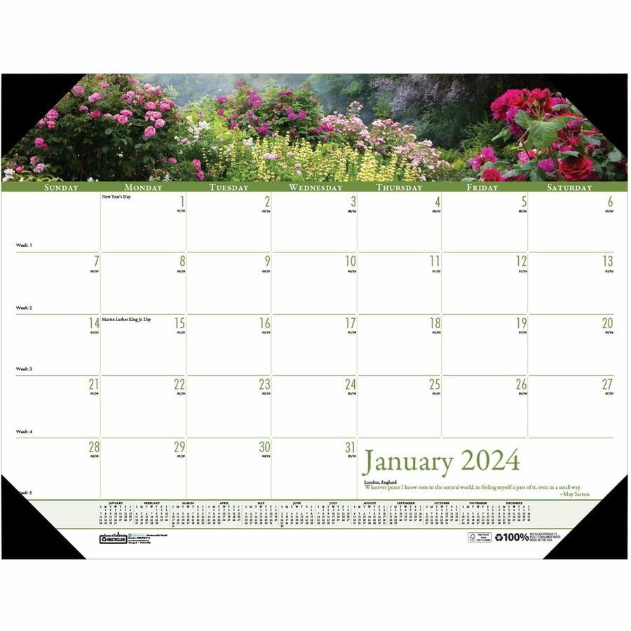 House of Doolittle Earthscapes Gardens Desk Pad - Julian Dates - Monthly - 1 Year - January 2024 - December 2024 - 1 Month Single Page Layout - 22" x 17" Sheet Size - 3.06" x 2.25" Block - Desk Pad - White - Leatherette, Paper - Reference Calendar - -