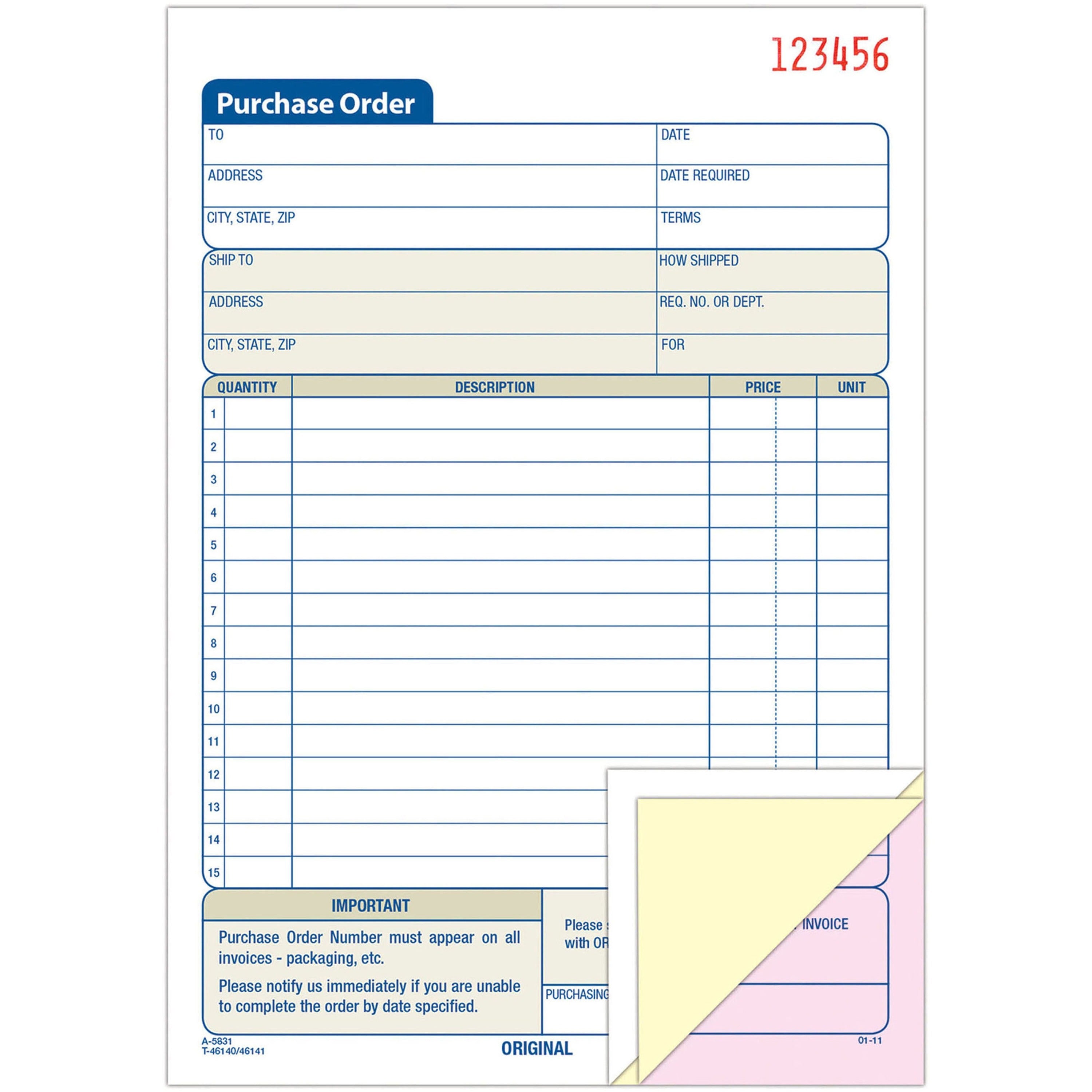 Adams 3-Part Carbonless Purchase Order Forms - 3 PartCarbonless Copy - 5.56" x 8.43" Sheet Size - 1 Each -