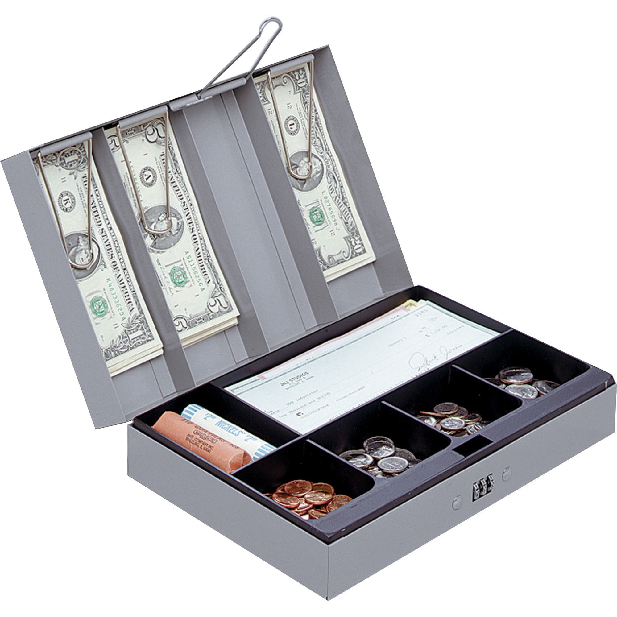 Sparco Steel Combination Lock Steel Cash Box - 6 Coin - Steel - Gray - 3.2" Height x 11.5" Width x 7.8" Depth -