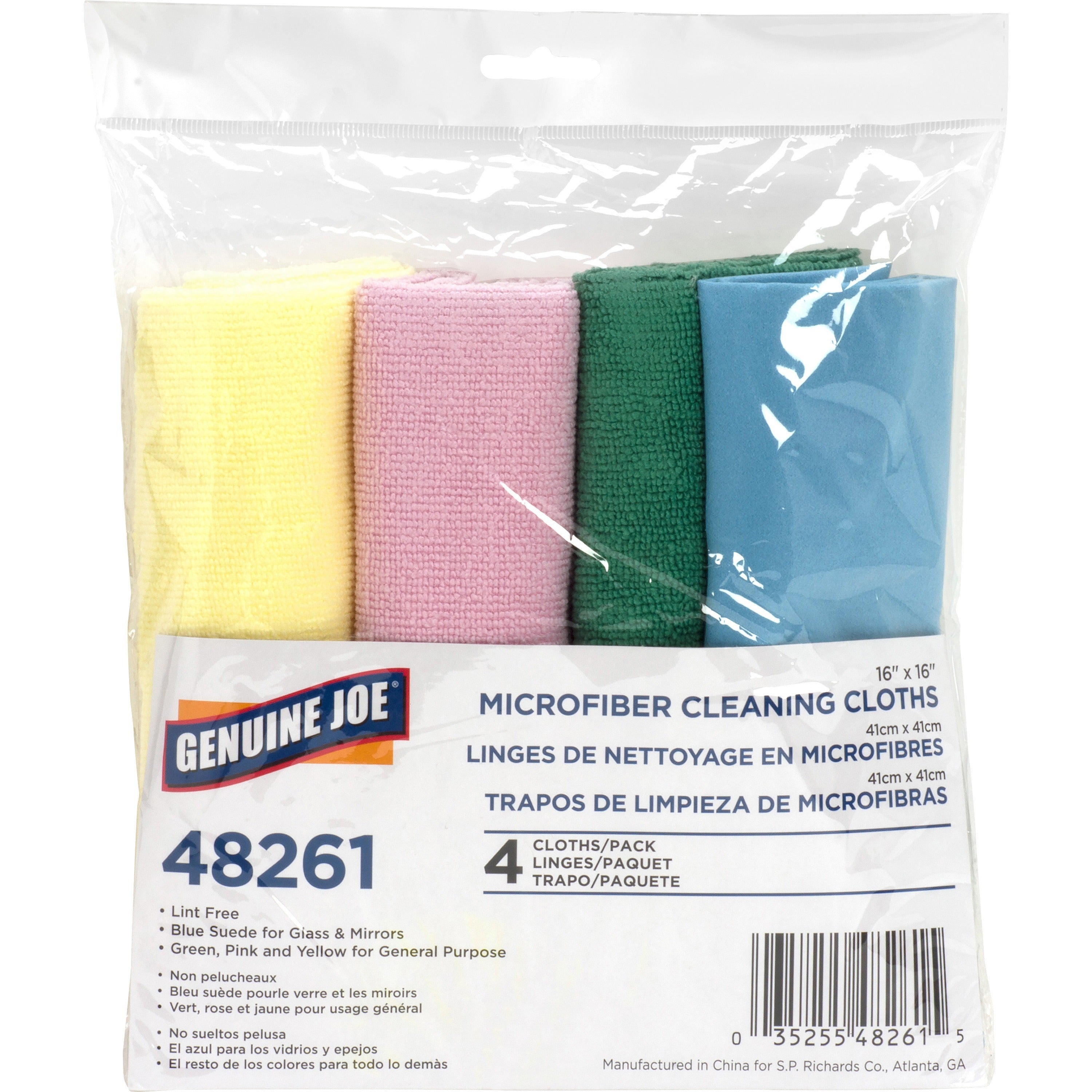 Genuine Joe Color-coded Microfiber Cleaning Cloths - 16" x 16" - Assorted - MicroFiber - Lint-free - For Multipurpose - 4 / Pack -