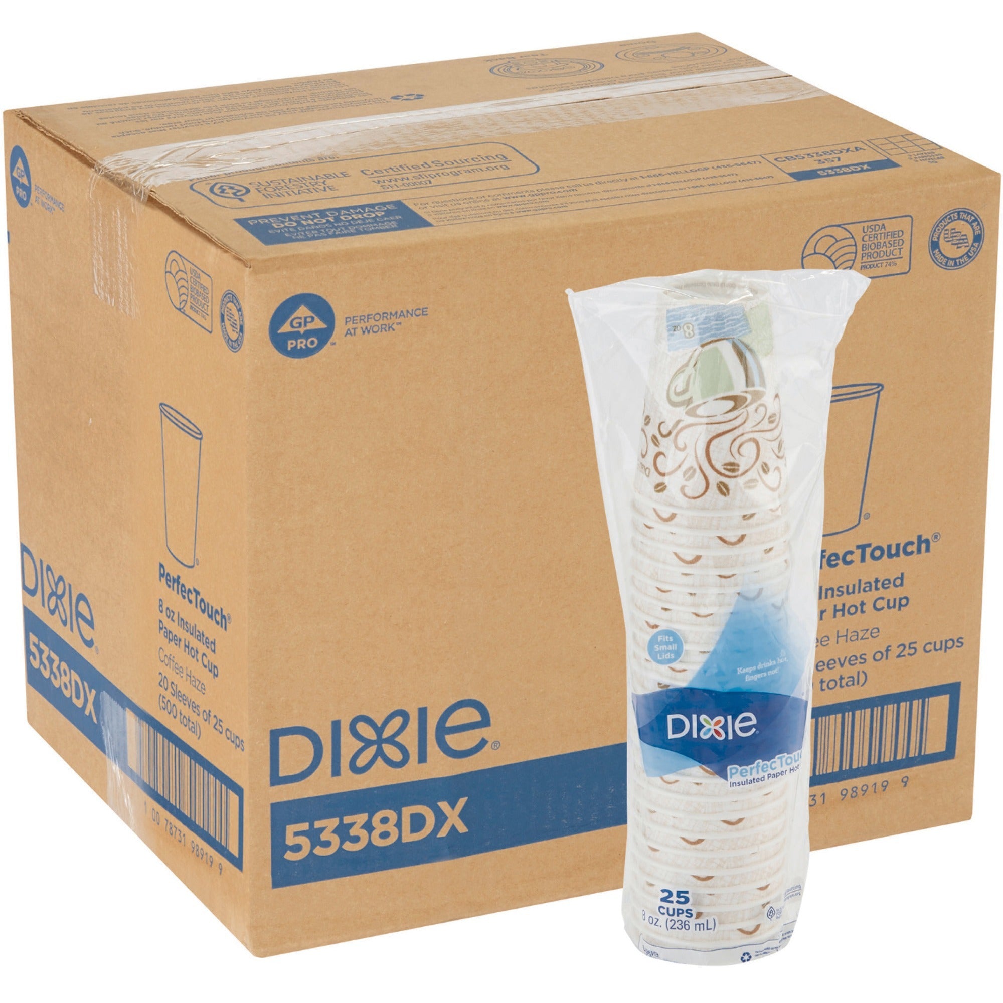 Dixie PerfecTouch 8 oz Insulated Paper Hot Coffee Cups by GP Pro - 25 / Pack - 20 / Carton - Paper - Hot Drink, Coffee -