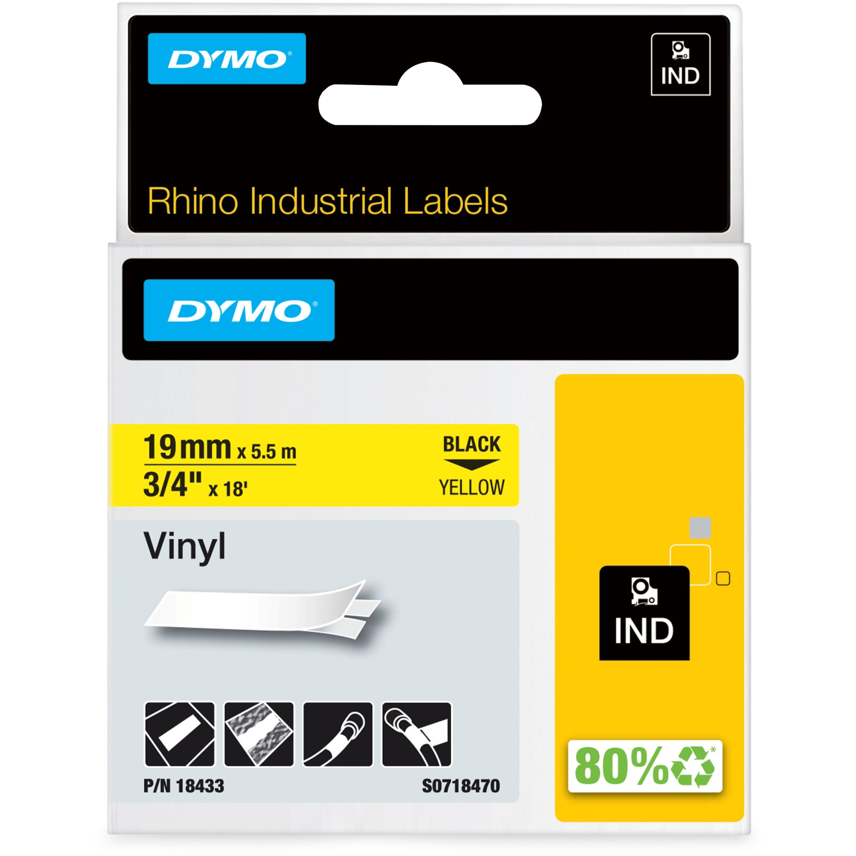 Rhino Permanent Vinyl Industrial Label Tape, 0.75" x 18 ft, Yellow/Black Print - 1