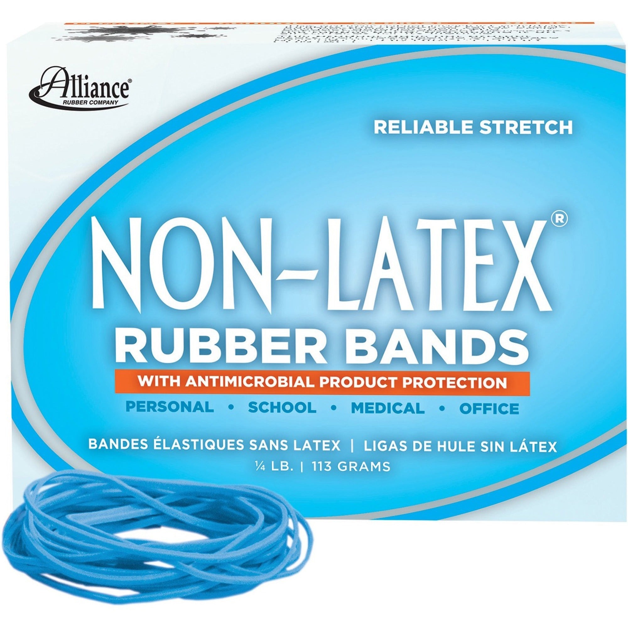 Alliance Rubber 42199 Non-Latex Rubber Bands with Antimicrobial Protection - Size #19 - 1/4 lb. box contains approx. 360 bands - 3 1/2" x 1/16" - Cyan blue -