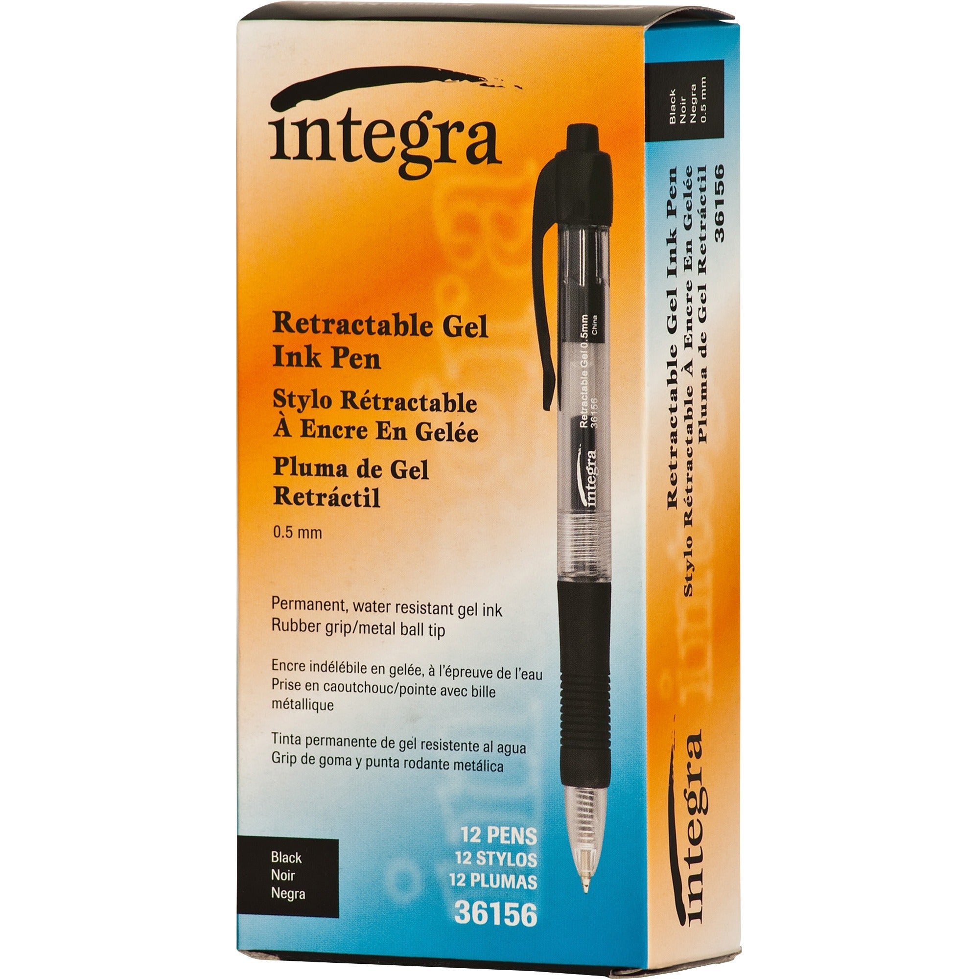 Integra Retractable 0.5mm Gel Pens - Fine Pen Point - 0.5 mm Pen Point Size - Retractable - Black Gel-based Ink - Black Barrel - Metal Tip - 1 Dozen -