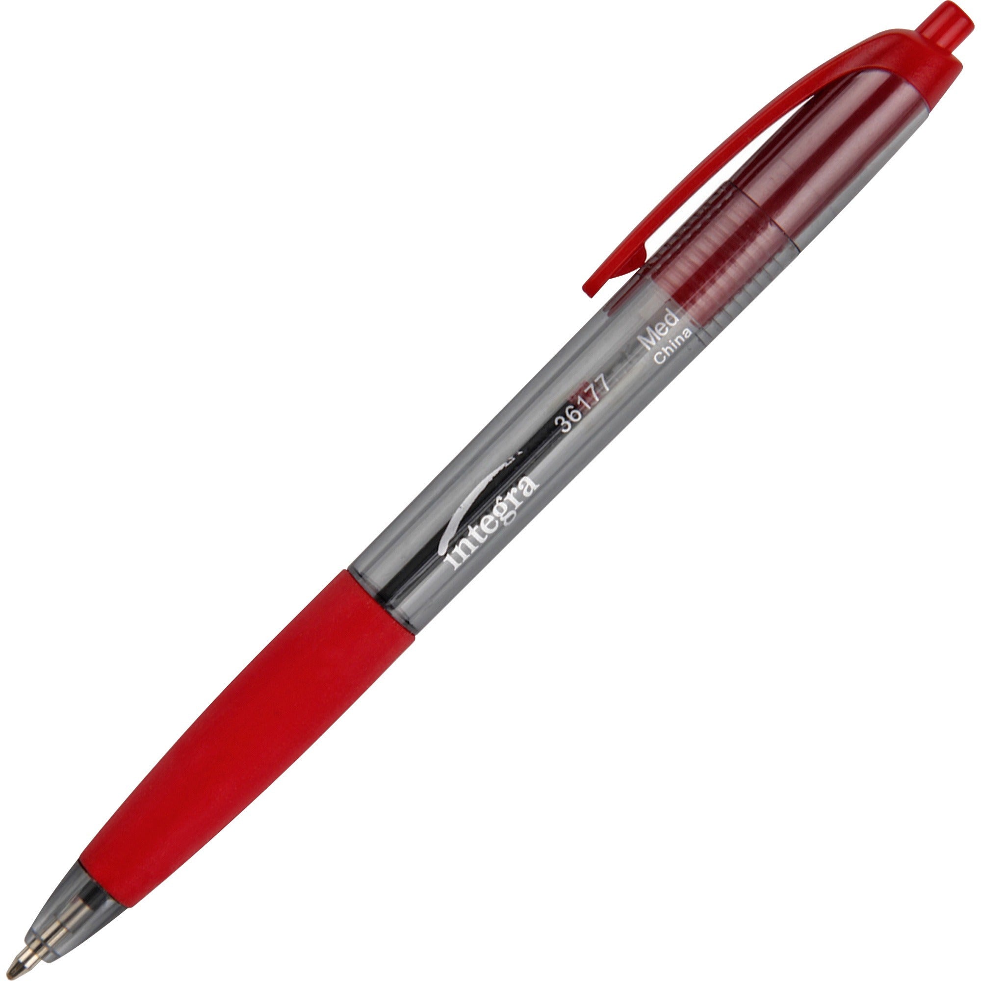 Integra Rubber Grip Retractable Pens - Medium Pen Point - 1 mm Pen Point Size - Retractable - Red - Red Barrel - 1 Dozen -
