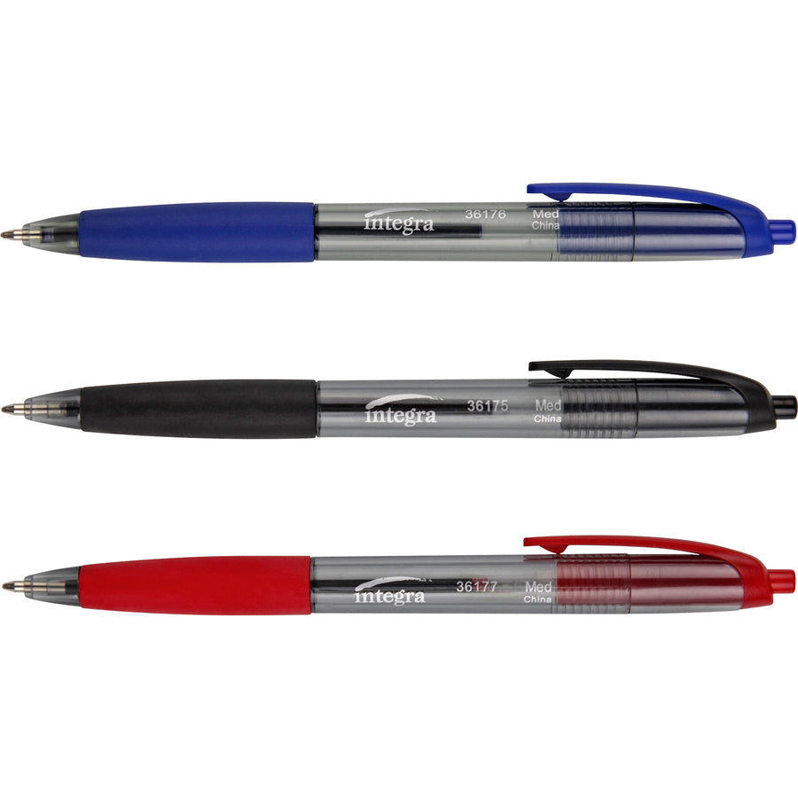 Integra Rubber Grip Retractable Pens - Medium Pen Point - 1 mm Pen Point Size - Retractable - Black - Black Barrel - 1 Dozen -