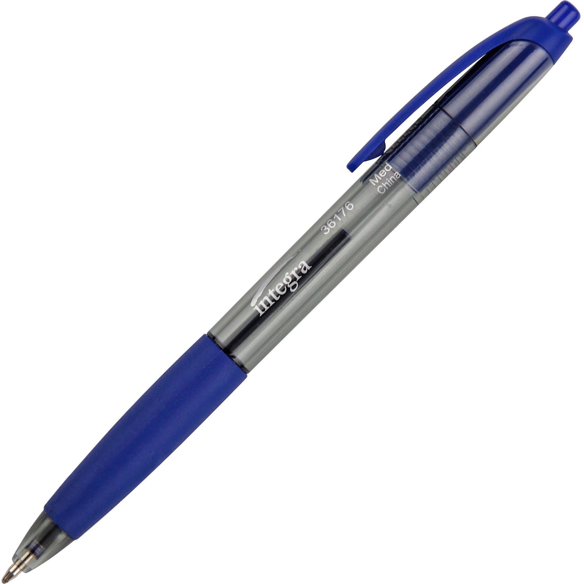 Integra Rubber Grip Retractable Pens - Medium Pen Point - 1 mm Pen Point Size - Retractable - Blue - Blue Barrel - 1 Dozen -