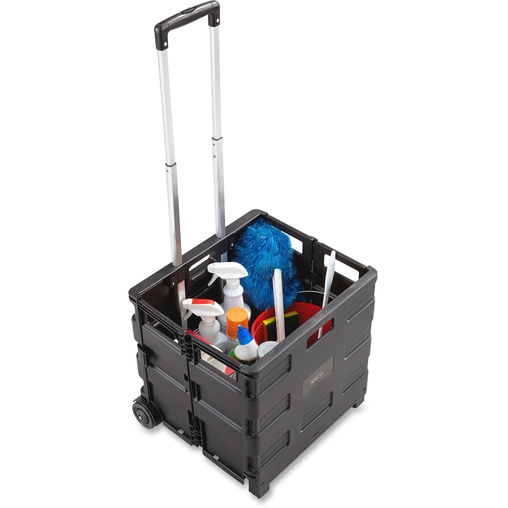 Safco Stow Away Folding Caddy - Telescopic Handle - 50 lb Capacity - 2 Casters - x 16.5" Width x 14.5" Depth x 39" Height - Black, Silver - 1 Each -