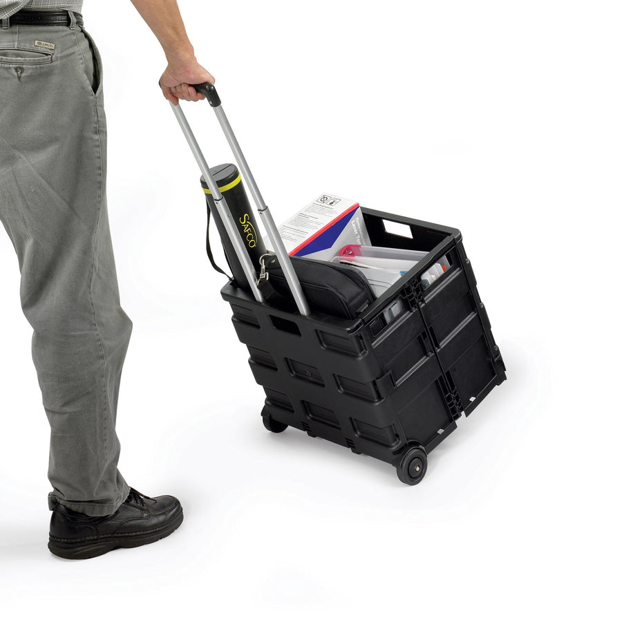 Safco Stow Away Folding Caddy - Telescopic Handle - 50 lb Capacity - 2 Casters - x 16.5" Width x 14.5" Depth x 39" Height - Black, Silver - 1 Each -