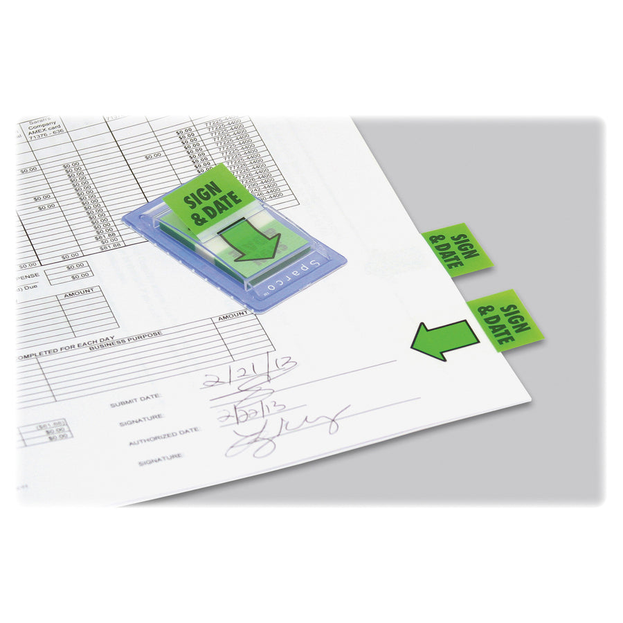Sparco Removable Standard Flags Dispenser - 100 x Green - 1.75" x 1" - Rectangle - Green - See-through, Self-adhesive, Removable - 100 / Pack -