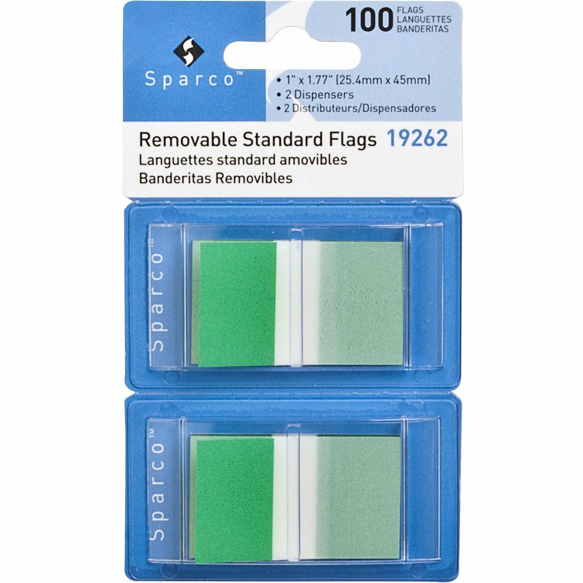 Sparco Removable Standard Flags Dispenser - 100 x Green - 1.75" x 1" - Rectangle - Green - See-through, Self-adhesive, Removable - 100 / Pack -