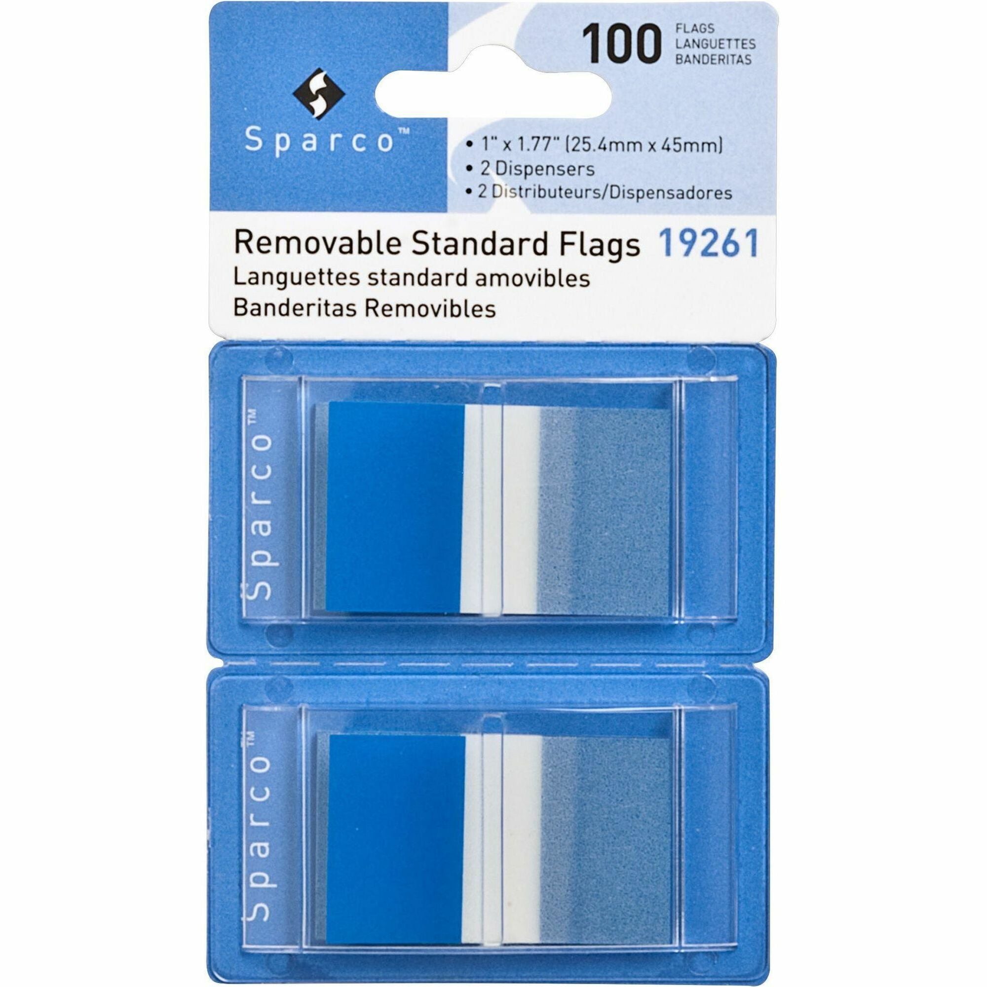 Sparco Removable Standard Flags in Dispenser - 100 x Blue - 1.75" x 1" - Rectangle - Blue - See-through, Self-adhesive, Removable - 100 / Pack -