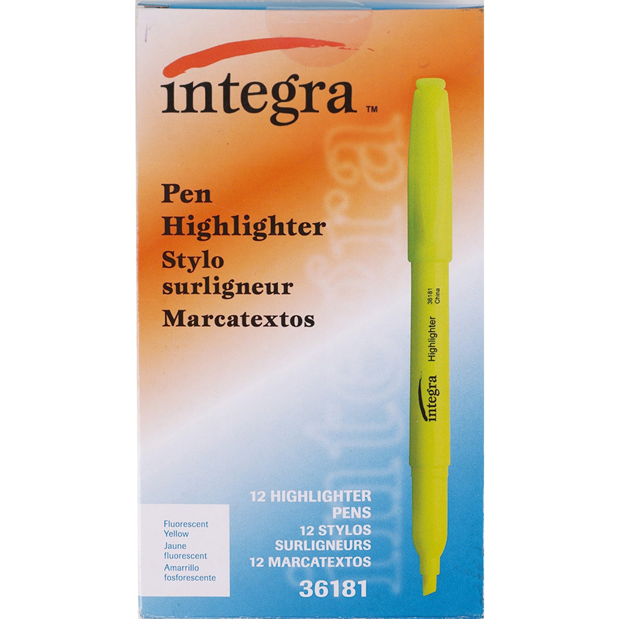 Integra Pen Style Fluorescent Highlighters - Chisel Marker Point Style - Yellow - 1 Dozen -