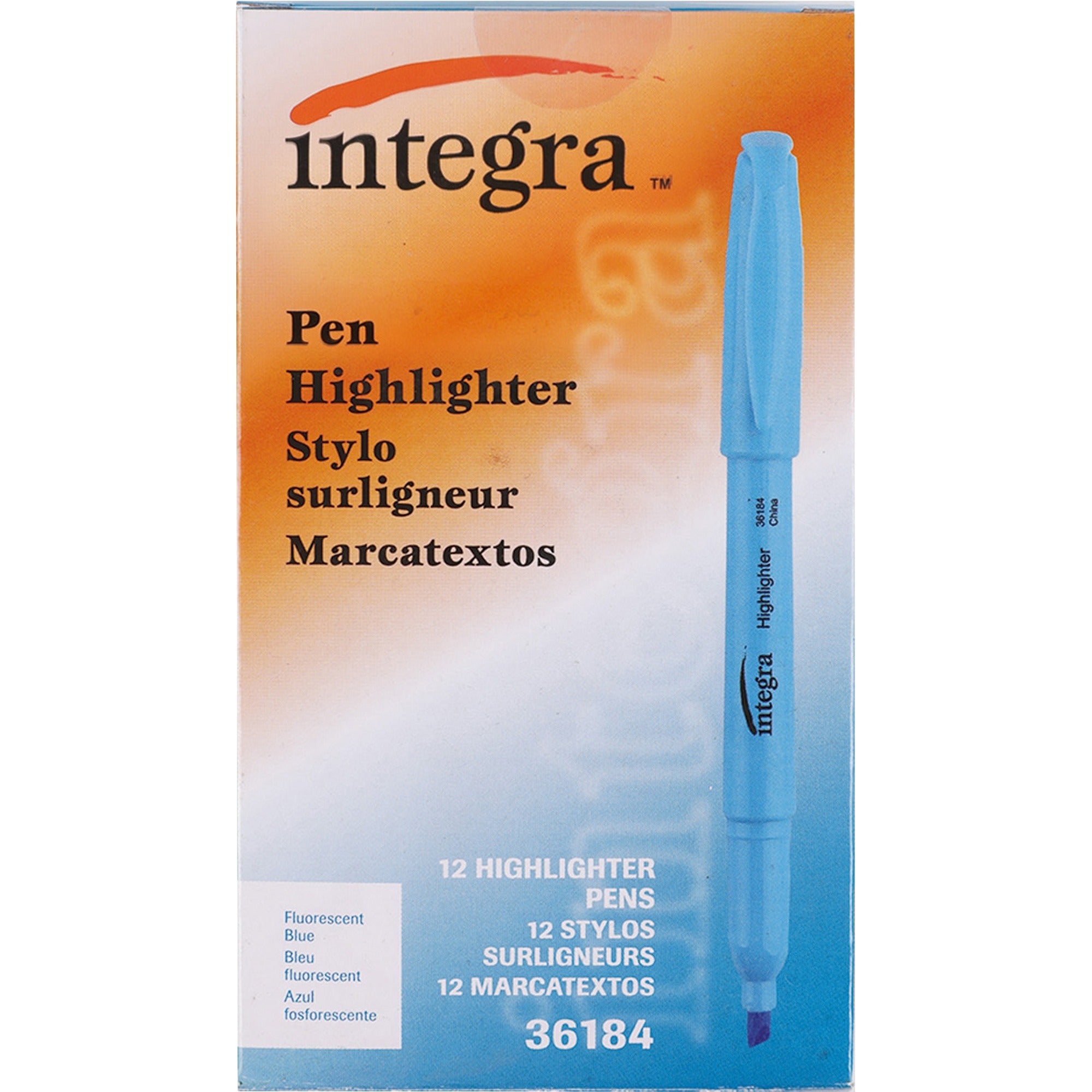 Integra Pen Style Fluorescent Highlighters - Chisel Marker Point Style - Fluorescent Blue - 1 Dozen -