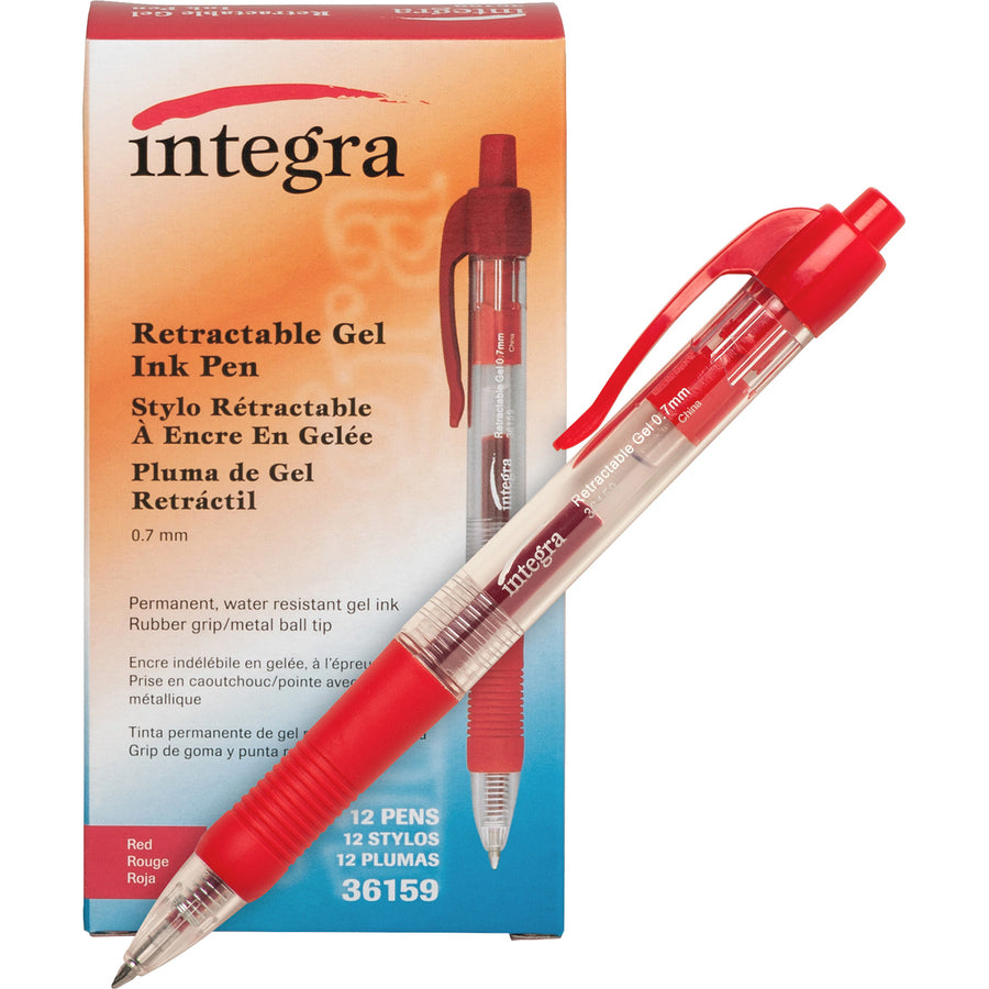 Integra Retractable 0.7mm Gel Pens - Medium Pen Point - 0.7 mm Pen Point Size - Retractable - Red Gel-based Ink - Red Barrel - Metal Tip - 1 Dozen -