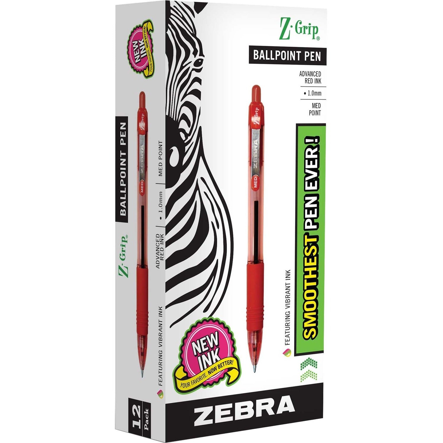 Zebra Z-Grip Retractable Ballpoint Pens - Medium Pen Point - 1 mm Pen Point Size - Retractable - Red - Clear, Red Barrel - 12 / Dozen -