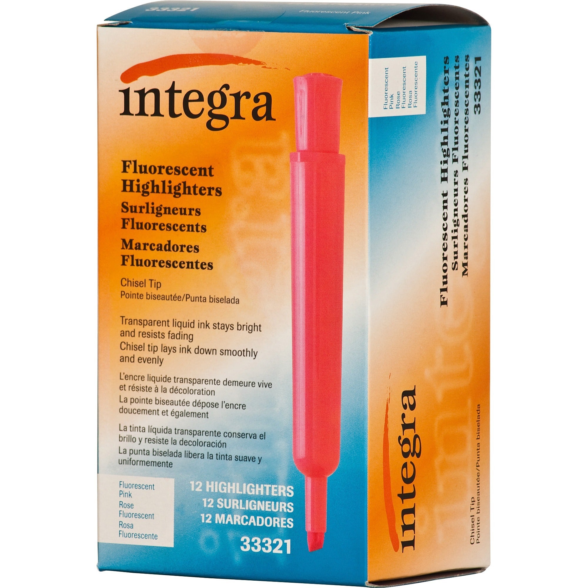 Integra Chisel Desk Liquid Highlighters - Chisel Marker Point Style - Fluorescent Pink - 1 Dozen -