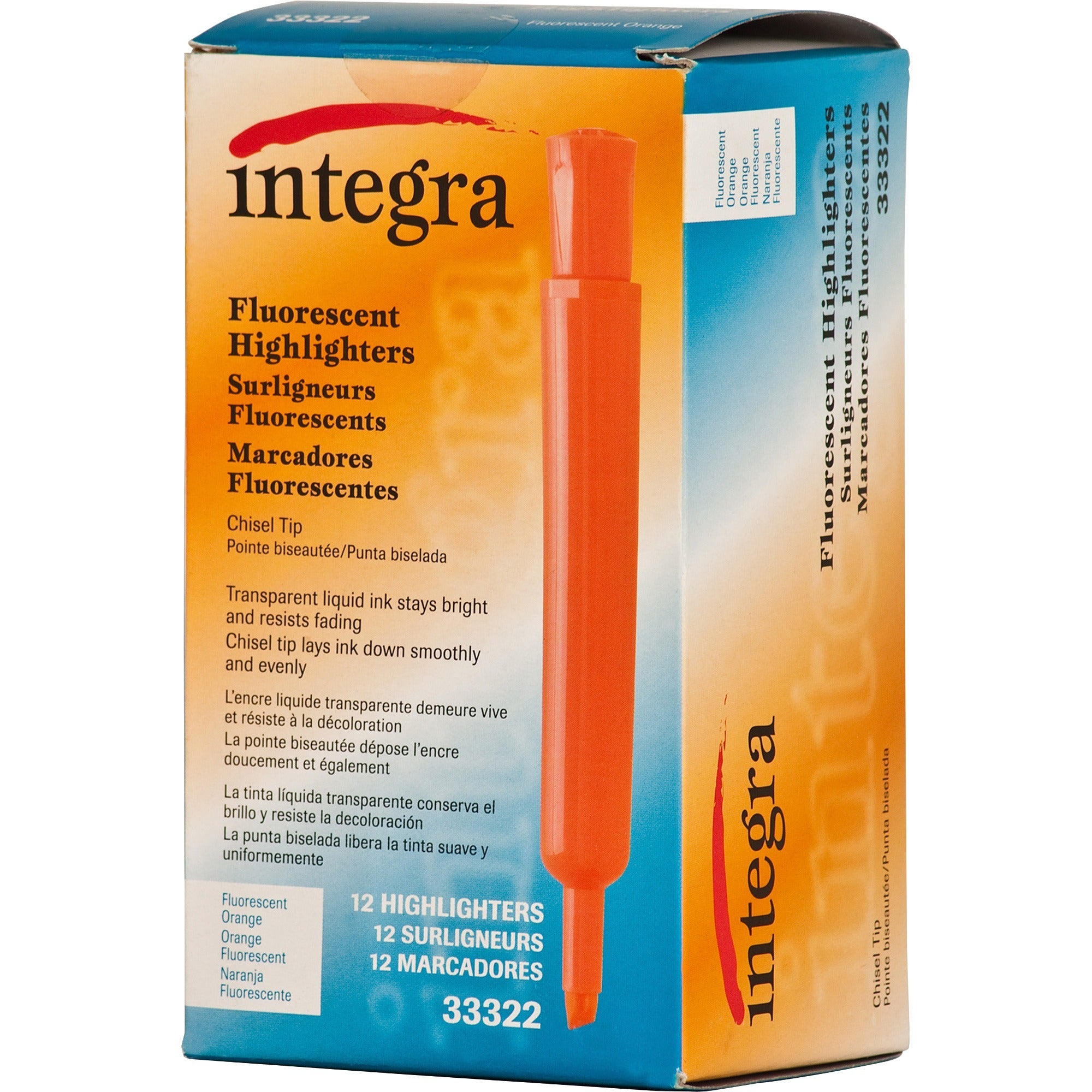 Integra Chisel Desk Liquid Highlighters - Chisel Marker Point Style - Fluorescent Orange - 1 Dozen -