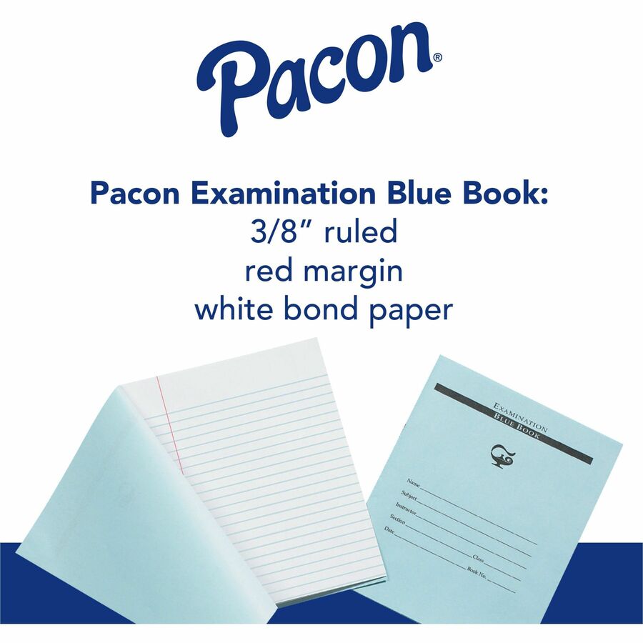 Pacon Blue Book Examination Book - 8 Sheets - 0.38" Ruled - Red Margin - 7" x 8 1/2" - White Paper - Blue Cover - Bond Paper - Recycled - 1000 / Carton -