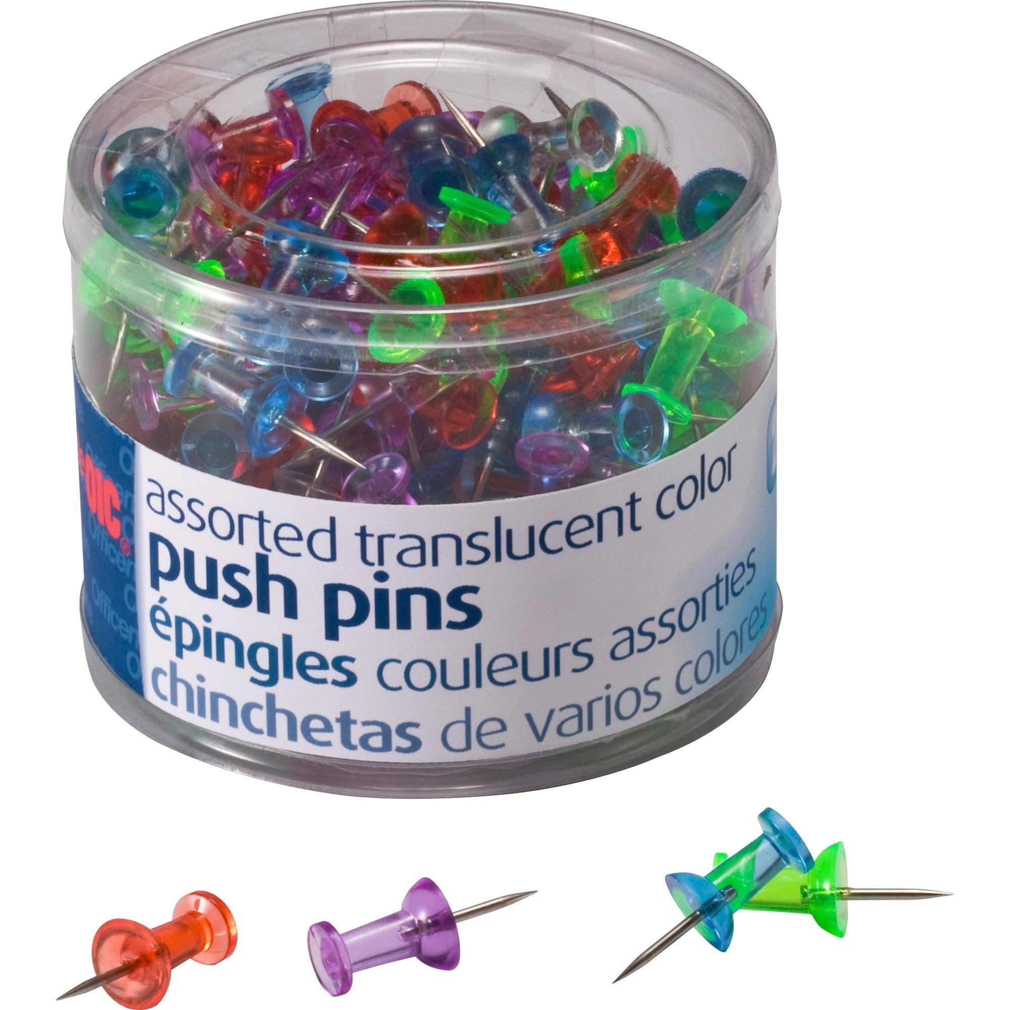 Officemate Translucent Pushpins - 0.5" Length x 0.3" Diameter - 200 / Pack - Assorted - Steel -