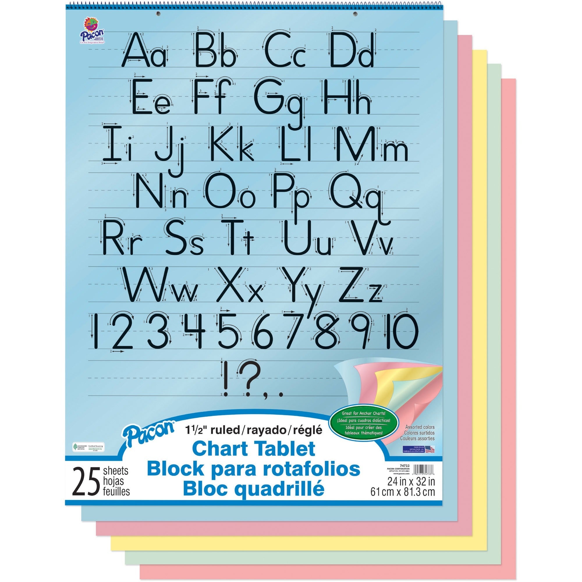 Pacon Colored Paper Chart Tablet - 25 Sheets - 1.50" Ruled - 24" x 32" - 24" x 32" - Assorted Paper - Punched, Spiral Bound - 1 Each -