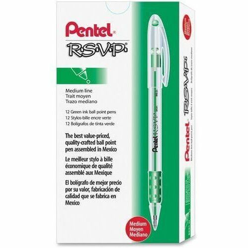 Pentel R.S.V.P. Ballpoint Stick Pens - Medium Pen Point - 1 mm Pen Point Size - Refillable - Green - Clear Barrel - 1 Dozen -