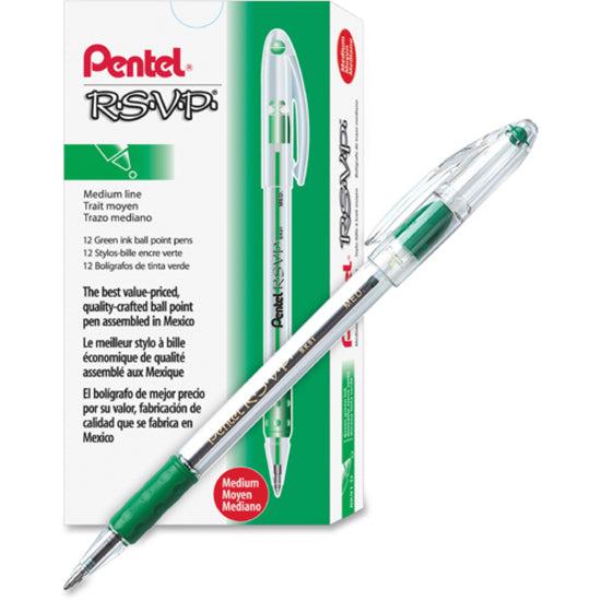 Pentel R.S.V.P. Ballpoint Stick Pens - Medium Pen Point - 1 mm Pen Point Size - Refillable - Green - Clear Barrel - 1 Dozen -