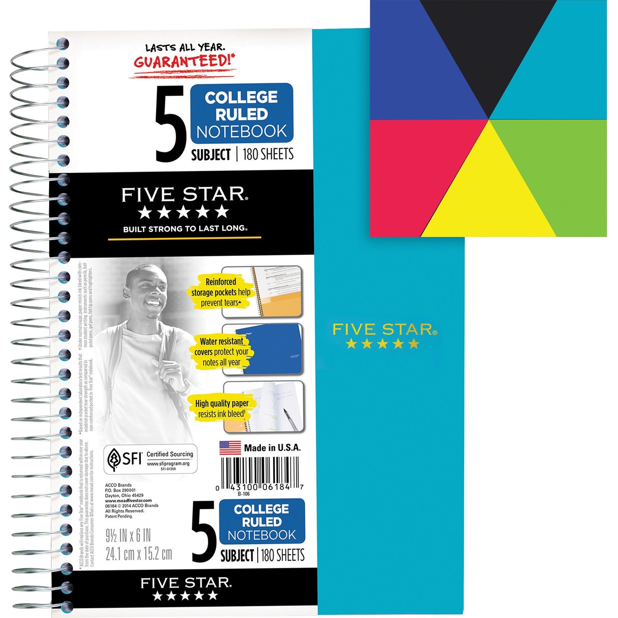 Five Star 5-Subject Notebook - Wire Bound - College Ruled - 6" x 9 1/2" - White Paper - Plastic Cover - Pocket Divider, Perforated, Subject - 1 Each -