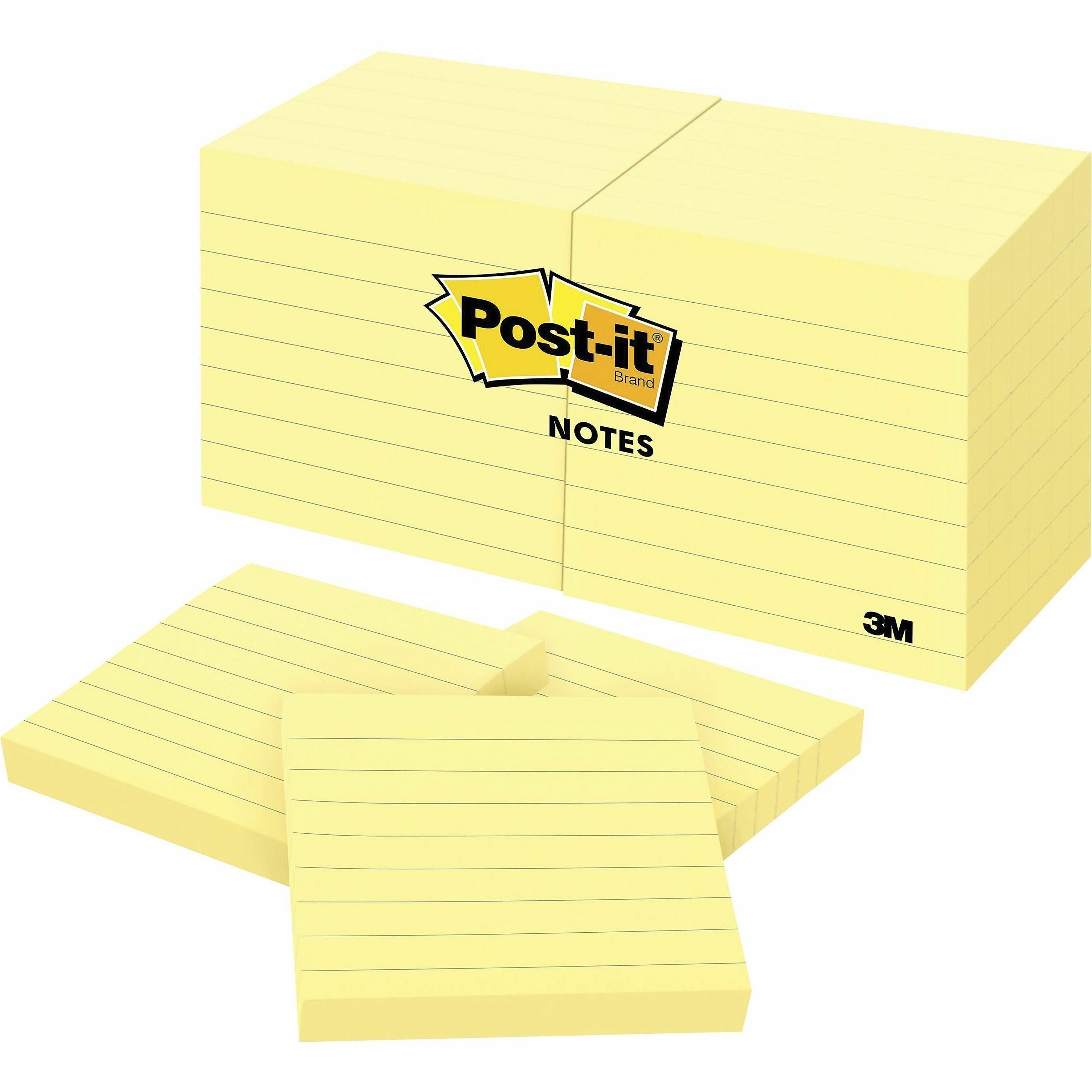 Post-it Notes Original Lined Notepads - 1200 - 3" x 3" - Square - 100 Sheets per Pad - Ruled - Yellow - Paper - Removable - 12 / Pack -
