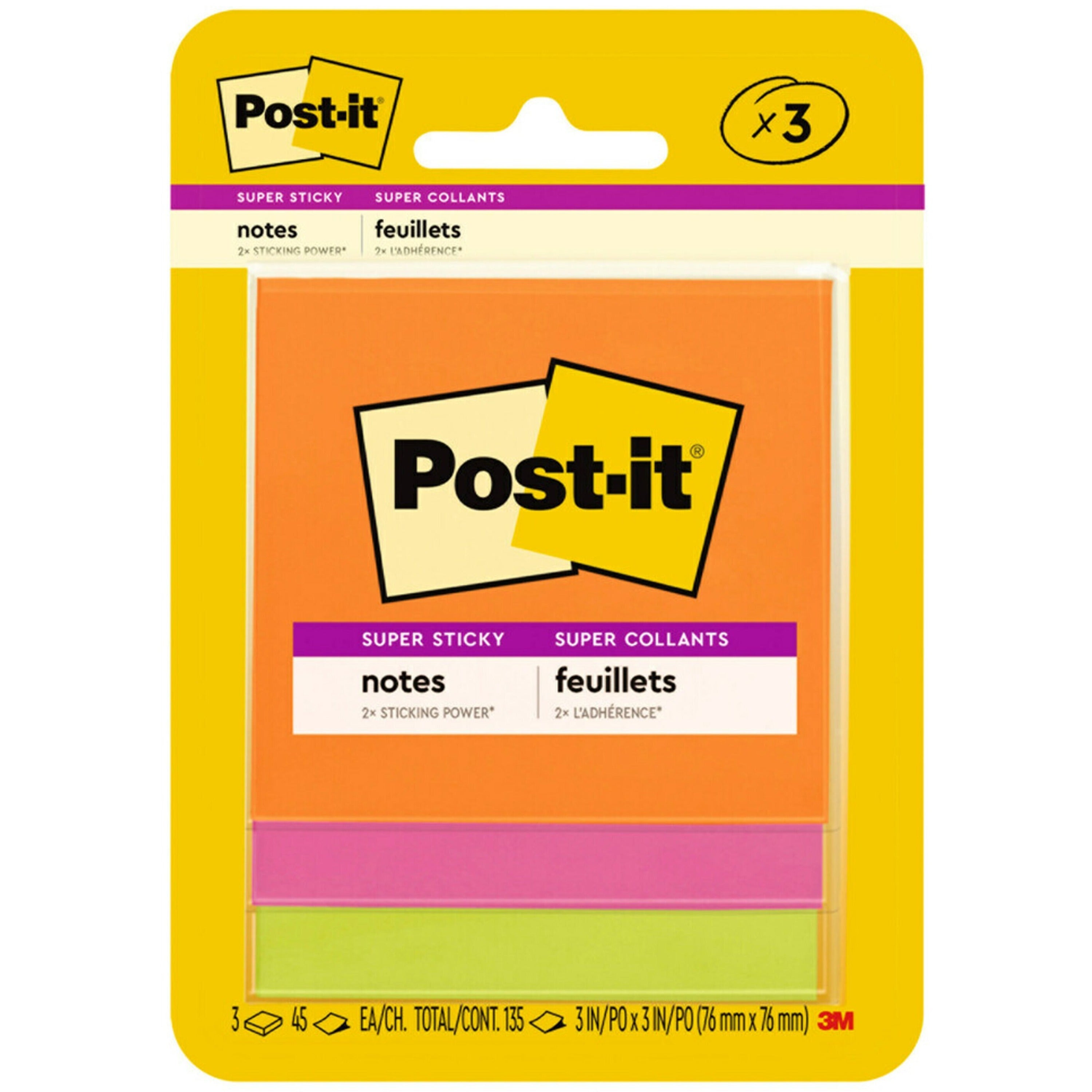 Post-it Super Sticky Note Pads - Energy Boost Color Collection - 135 - 3" x 3" - Square - 45 Sheets per Pad - Unruled - Vital Orange, Tropical Pink, Limeade - Paper - Self-adhesive - 3 / Pack -