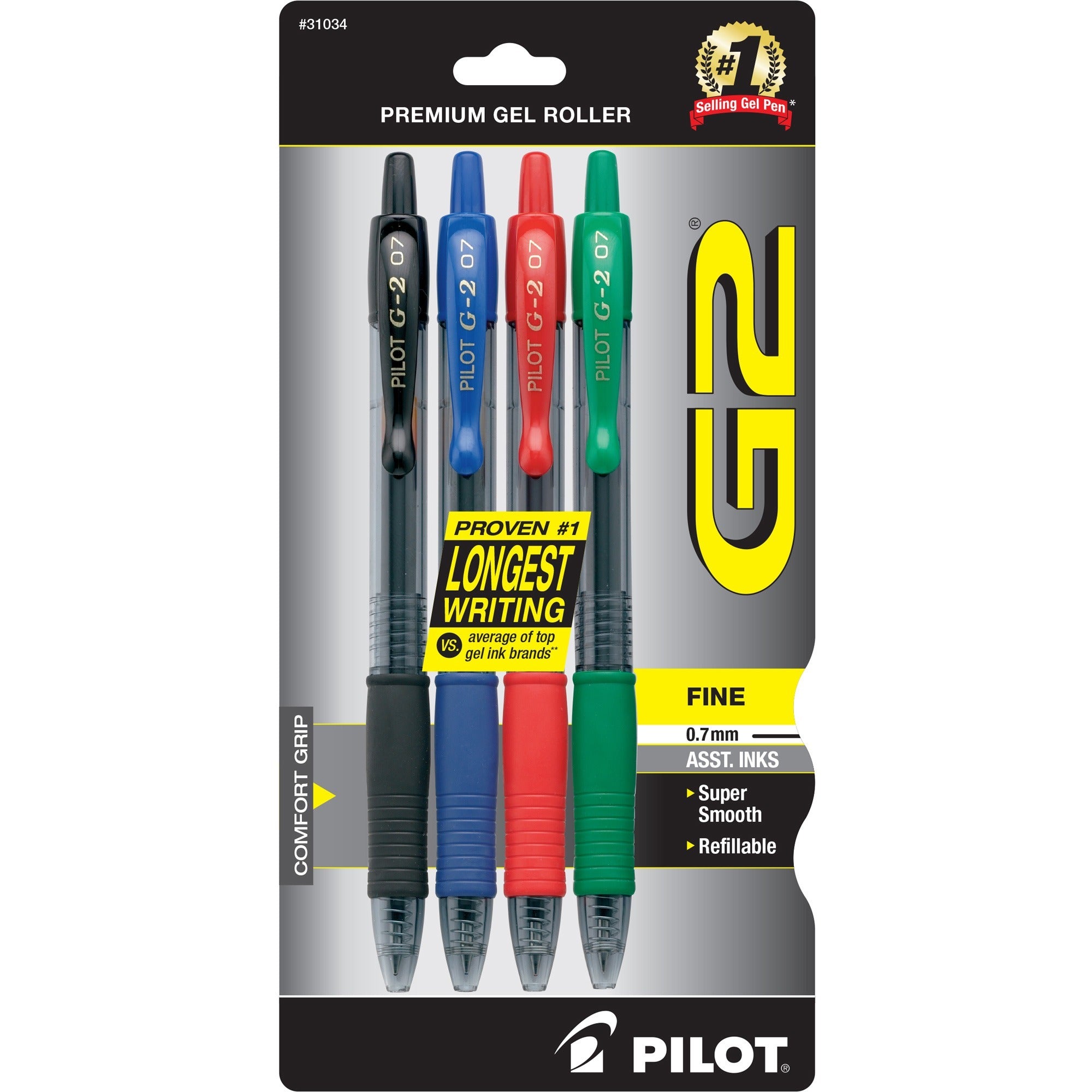 Pilot G2 Retractable Gel Ink Rollerball Pens - Fine Pen Point - 0.7 mm Pen Point Size - Refillable - Retractable - Assorted Gel-based Ink - 4 / Pack -
