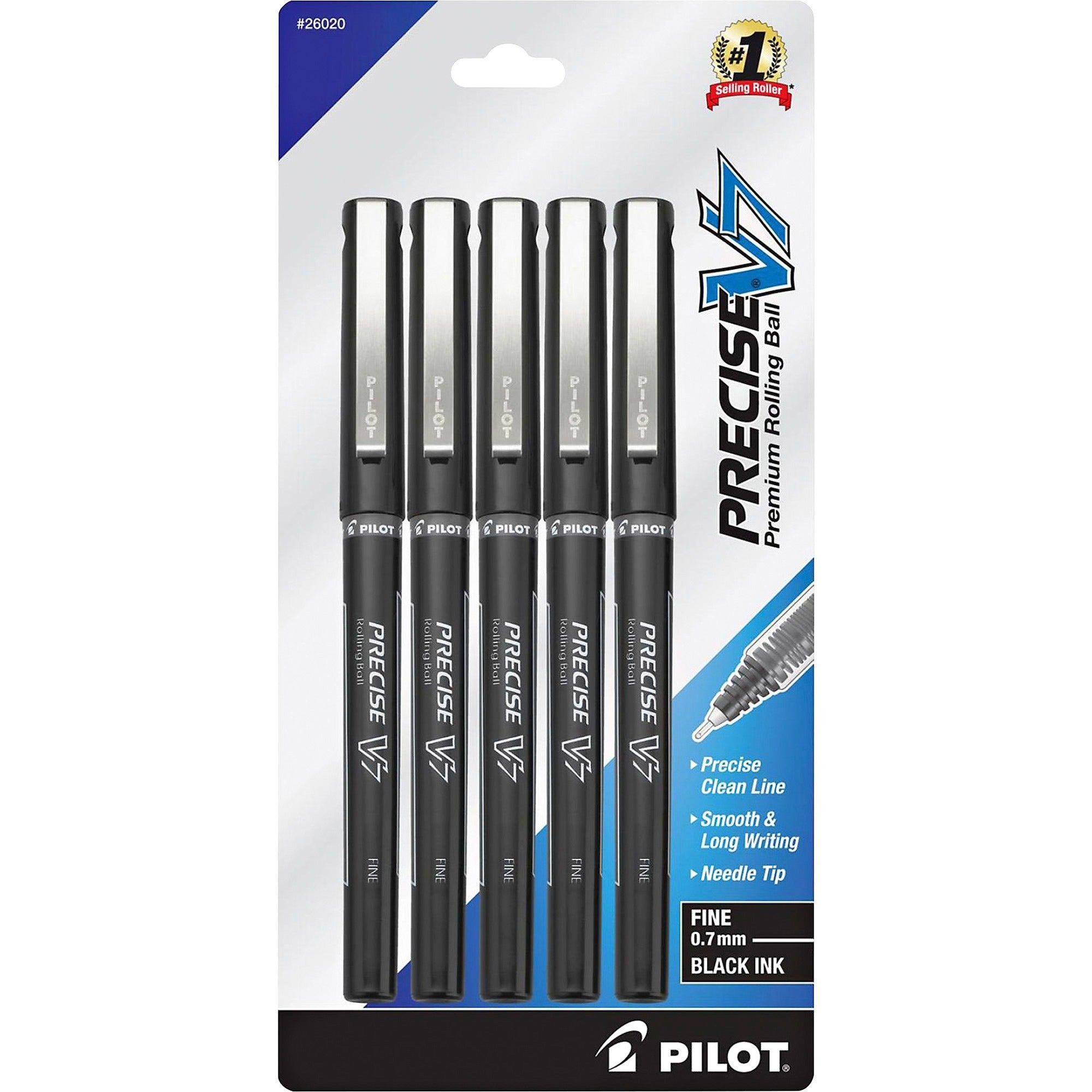 Pilot Precise V7 Fine Premium Capped Rolling Ball Pens - Fine Pen Point - 0.7 mm Pen Point Size - Black - Black Barrel - 5 / Pack -