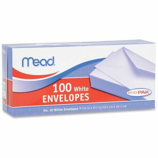 Mead Plain White Envelopes - Business - #10 - 4 1/8" Width x 9 1/2" Length - Gummed - 100 / Box - White -